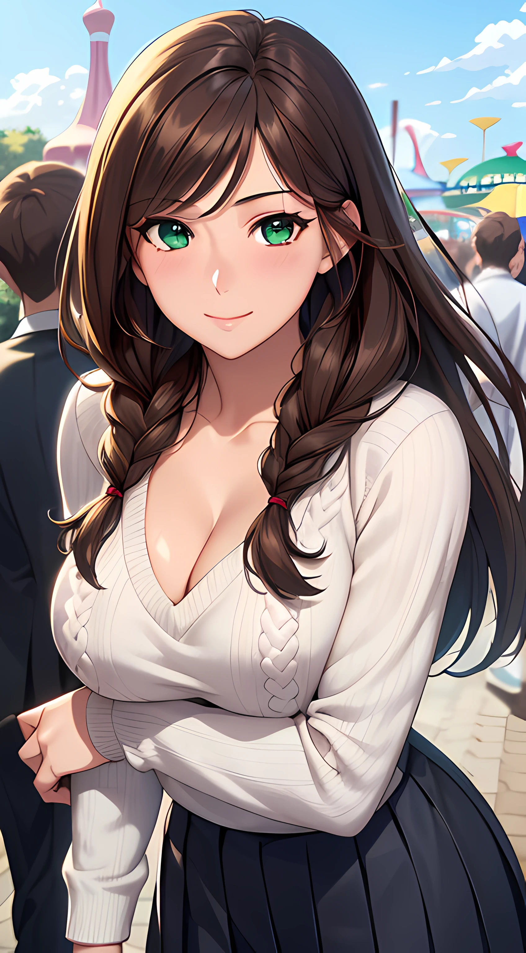 ((masterpiece, best quality, highres, UHD, perfect pixel, depth of field, 4k, RTX, HDR, extremely detailed)), 1girl, single, solo, 24 years old, mommy, beautiful anime girl, beautiful art style, anime character, smile, beautiful smile, ((long hair, braided half up half down, brown hair)), (green eyes:1.4, rounded eyes, beautiful eyelashes, realistic eyes, extremely detailed pupil), (detailed face, blushing:1.2), (smooth texture:0.75, realistic texture:0.65, photorealistic:1.2, cinematic, anime CG style), medium breasts, cleavage, perfect body, busty, POV, dynamic angle, from above, ((white sweater, long pleated skirt)), amusement park, outdoor, crowd, wind blows, (graceful, prestigious, glorious, elegant)