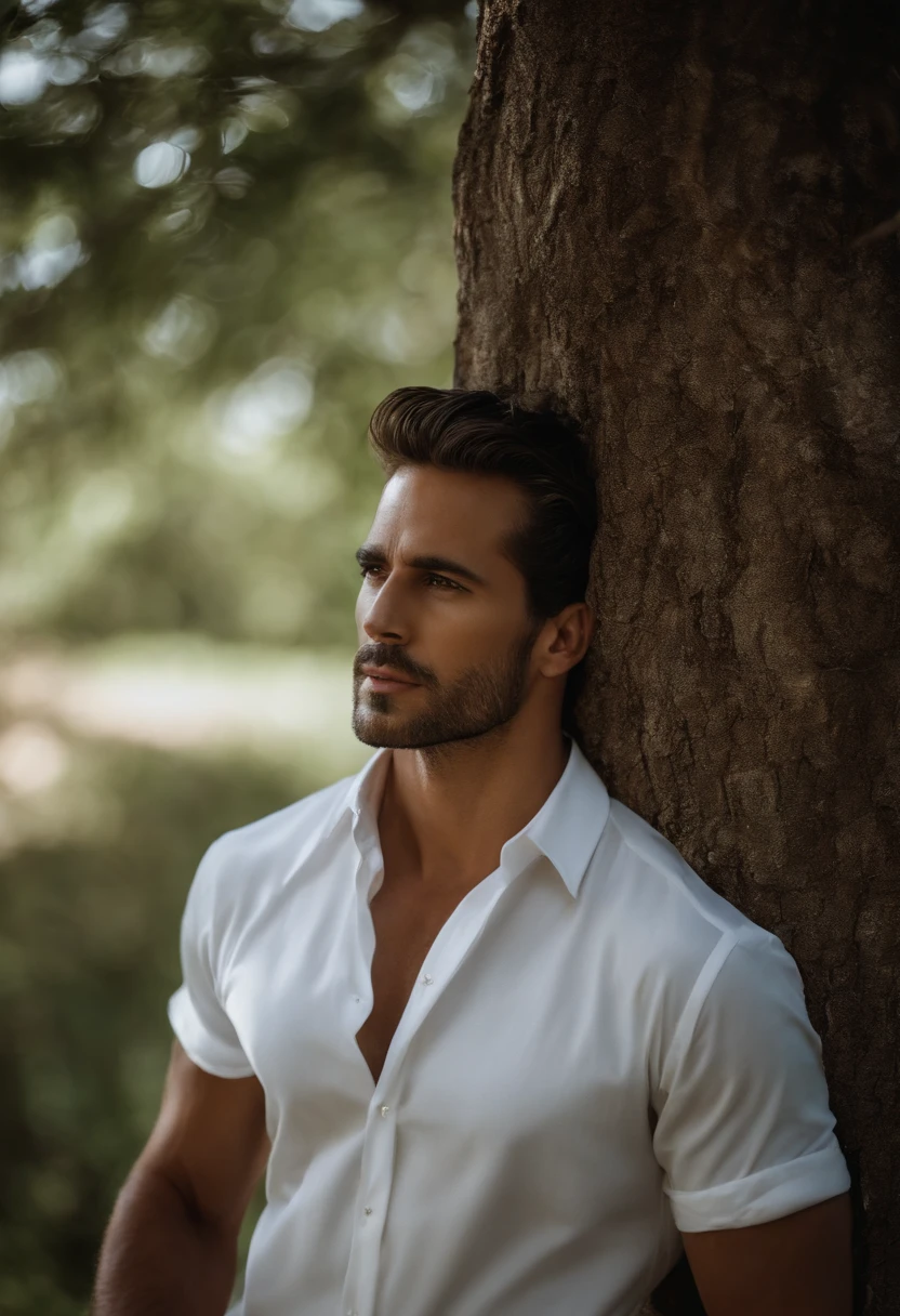Arafed man leaning against a tree in white shirt, homem bonito, vestido com camisa branca, Macho bonito, bonito e atraente, masculino e bonito, bonito e elegante