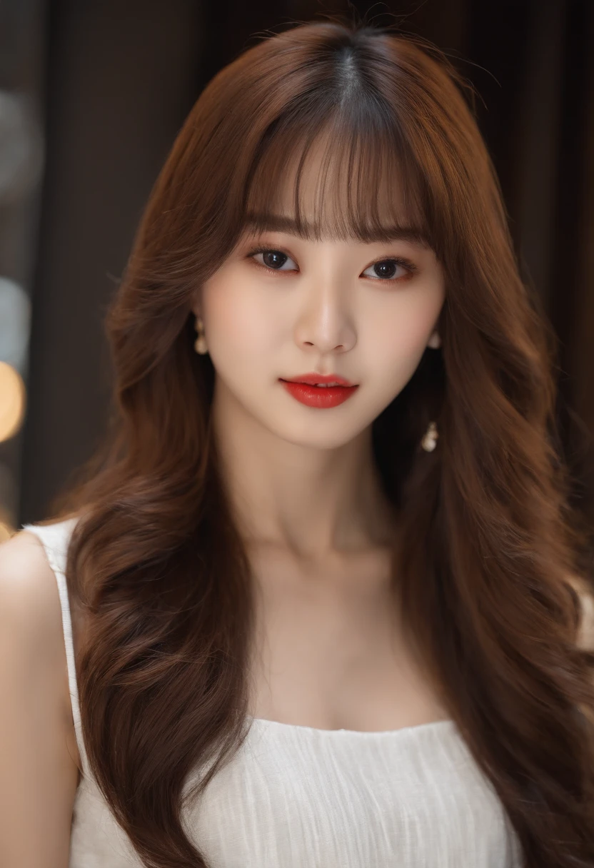 a close up of a woman with long hair wearing a white top, young cute wan asian face, Beautiful young Korean woman, Yoshitomo Nara, tidy hair,By bangs, beautiful Korean women, Gorgeous young Korean woman, lalisa manobal, young lovely Korean faces, girl cute-fine face, beautiful Japanese girl face