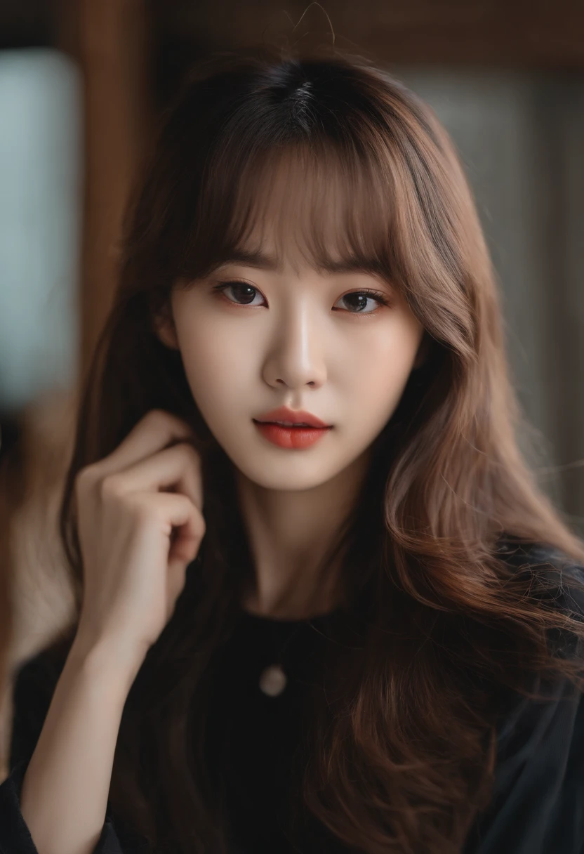 a close up of a woman with long hair wearing a white top, young cute wan asian face, Beautiful young Korean woman, Yoshitomo Nara, tidy hair,By bangs, beautiful Korean women, Gorgeous young Korean woman, lalisa manobal, young lovely Korean faces, girl cute-fine face, beautiful Japanese girl face