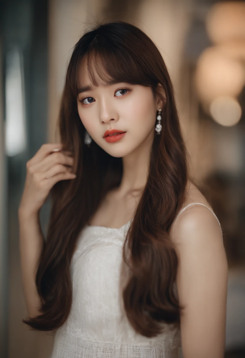 a close up of a woman with long hair wearing a white top, young cute wan asian face, Beautiful young Korean woman, Yoshitomo Nara, tidy hair,By bangs, beautiful Korean women, Gorgeous young Korean woman, lalisa manobal, young lovely Korean faces, girl cute-fine face, beautiful Japanese girl face