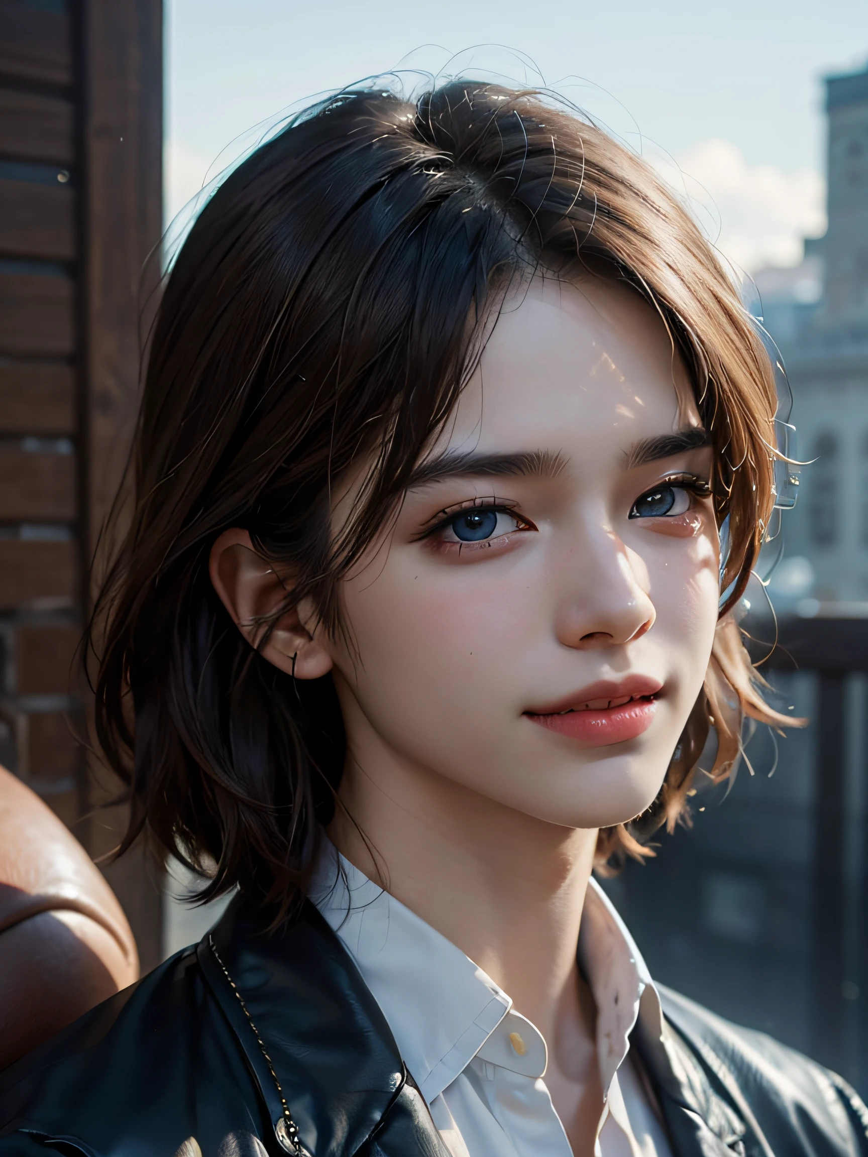 1boy, 17 yr old, teenaged, Light-brown hair, azure blue big eyes, Solo Focus Teen Facial, white shirt, a handsome, Smiling, Realistic, The dynamic pose is realistic, Detailed and correct facial structure, Leon S. Kennedy, a handsome, Extremely detailed, Dynamic Angle, cowboyshot, The Most Beautiful Shape, elegant, bright colours, romanticism, James Jean, roby dwi antono, by Ross Tran, francis bacon, michal mraz, adrian ghenie, petra cortright, gerhard richter, takato yamamoto, ashley wood, atmospheric