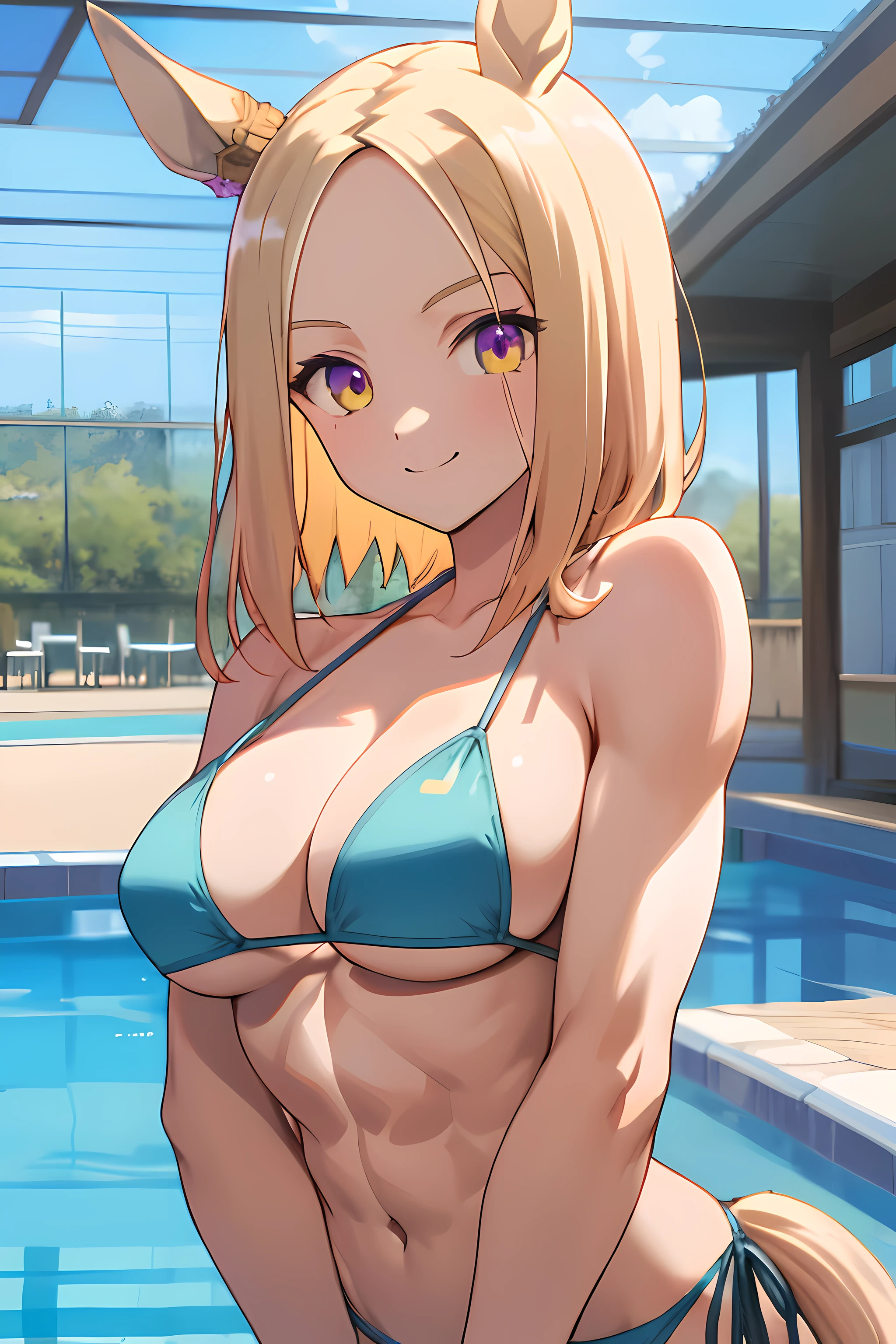 narita top road \(umamusume\), (ultra-detailed face), upper body, masterpiece, best quality, official art, muscular girl, abs, plain bikini, horse tail, pool, light smile, detailed clear eyes, big tits