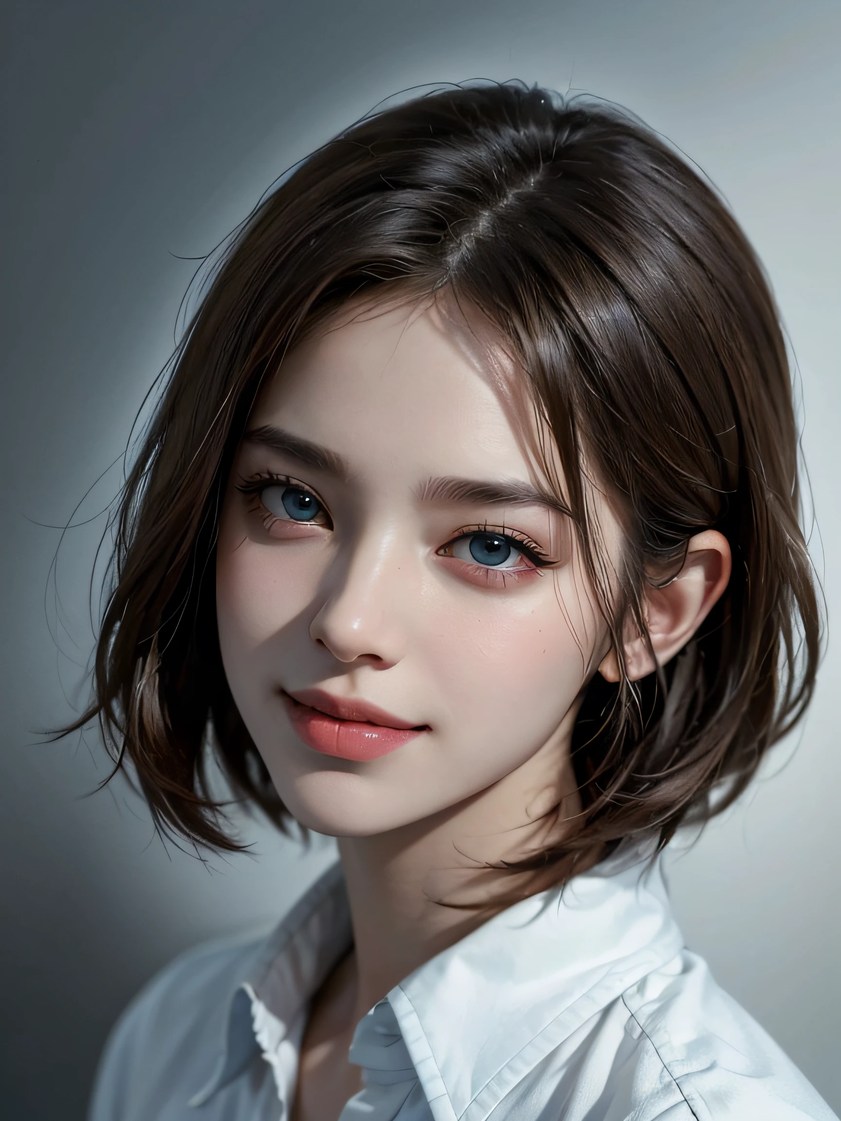 1boy, r old,enaged, Light-brown hair, azure blue big eyes, Solo Focus Teen Facial, white shirt, a handsome, Smiling, Realistic, The dynamic pose is realistic, Detailed and correct facial structure, Leon S. Kennedy, a handsome, Extremely detailed, Dynamic Angle, cowboyshot, The Most Beautiful Shape, elegant, bright colours, romanticism, James Jean, roby dwi antono, by Ross Tran, francis bacon, michal mraz, adrian ghenie, petra cortright, gerhard richter, takato yamamoto, ashley wood, atmospheric