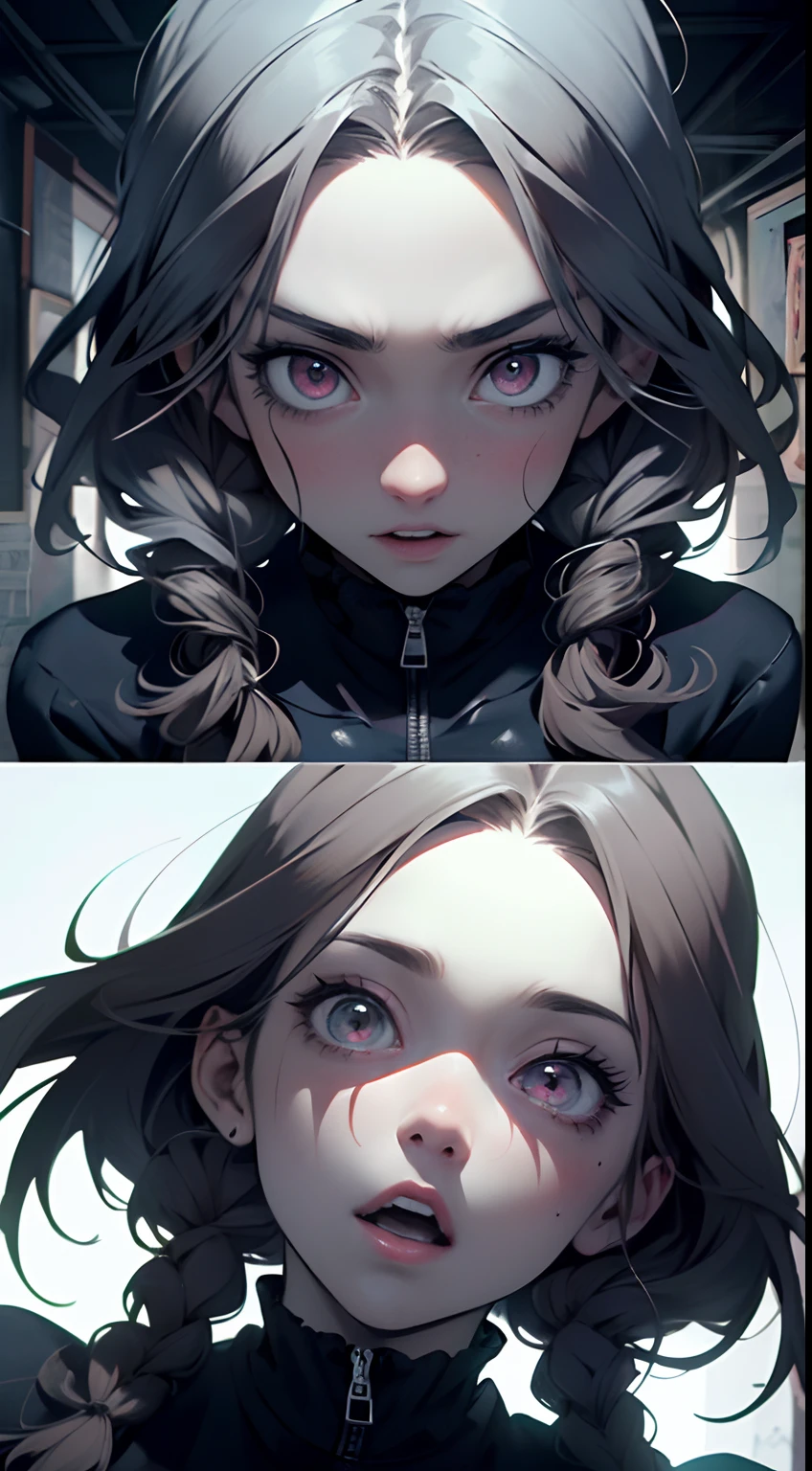 (((best quality))),(((ultra detailed))),(((masterpiece))),illustration,4girls,horror surprise,terrified expressions,creepy attire,shocked poses,close-up view,sudden jump scares,haunted mansion background