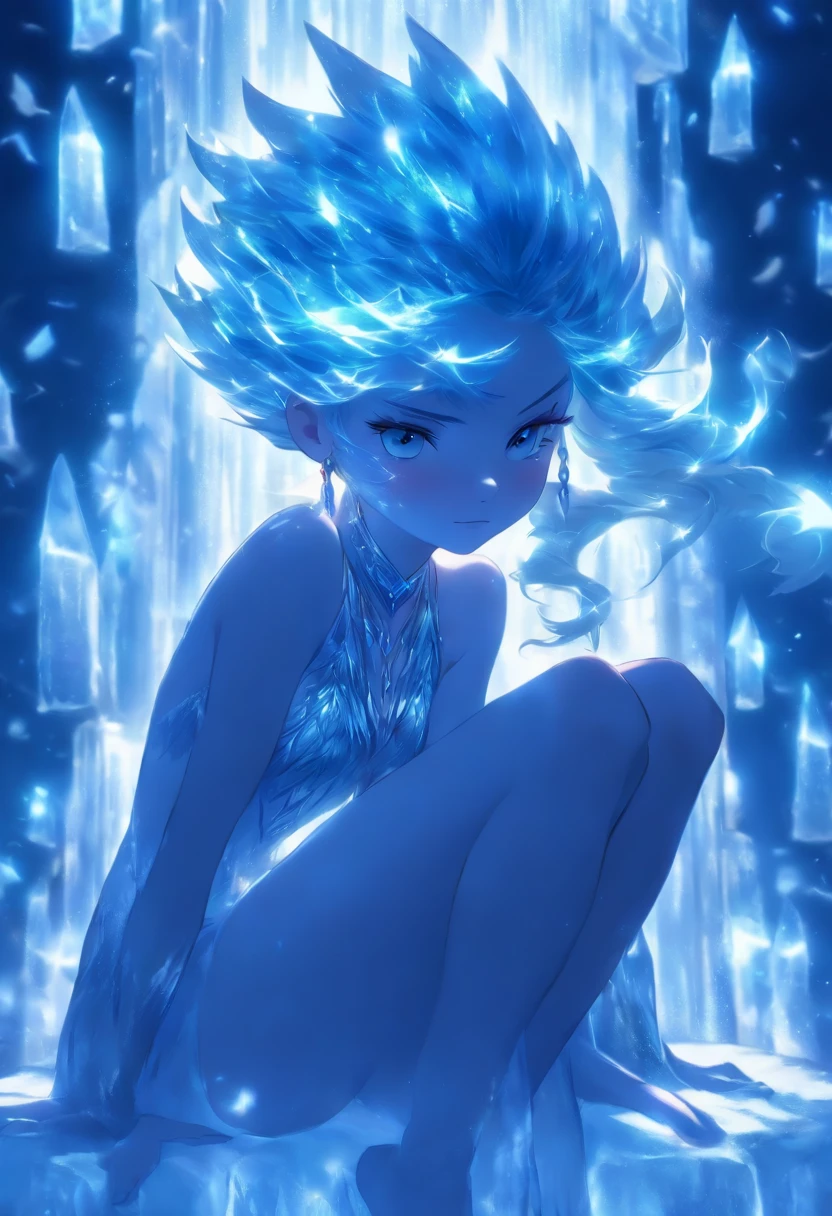 ((A close up)) of anime  girl, (((((sitting down in a throne of ice))))), (mostly naked), ((barefoot)), (cinematic light), skin is perfectly white, soft, and smooth, ((NSFX)), Extremely delicate and beautiful CG illustration, small thigh, slim body, best quality, high resolution, dynamic angle, full-length lens, (((1 girl))), (detailed eyes), soft light, high-key lighting), glowing light, feathers fluttering background, blue crystal, ((blue glowing ring around her ankle)), (((wearing (only) a white (transparent) tank top)))