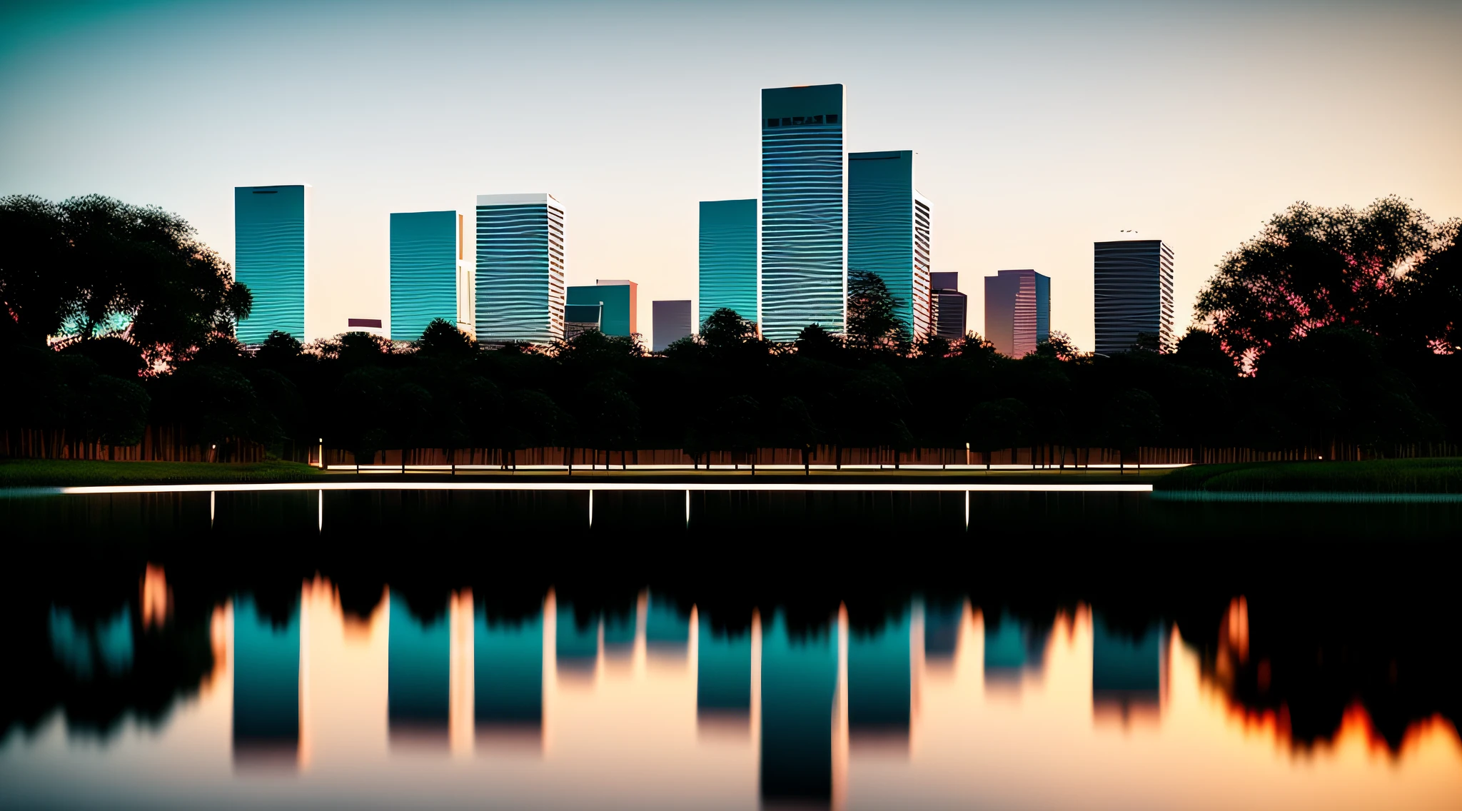 trees are in the foreground and a lake in the foreground, city reflection, Reflexos da Cidade, belos reflexos rtx, paisagem crepuscular da cidade, bela paisagem urbana, Reflexos da luz da cidade, bipe de recuo, Cinematic light and reflections, 3 d render bipe, rtx reflections, inspirado em Beeple, paisagem da cidade, sharp and detailed reflections, cidade bonita, city sunset, realista