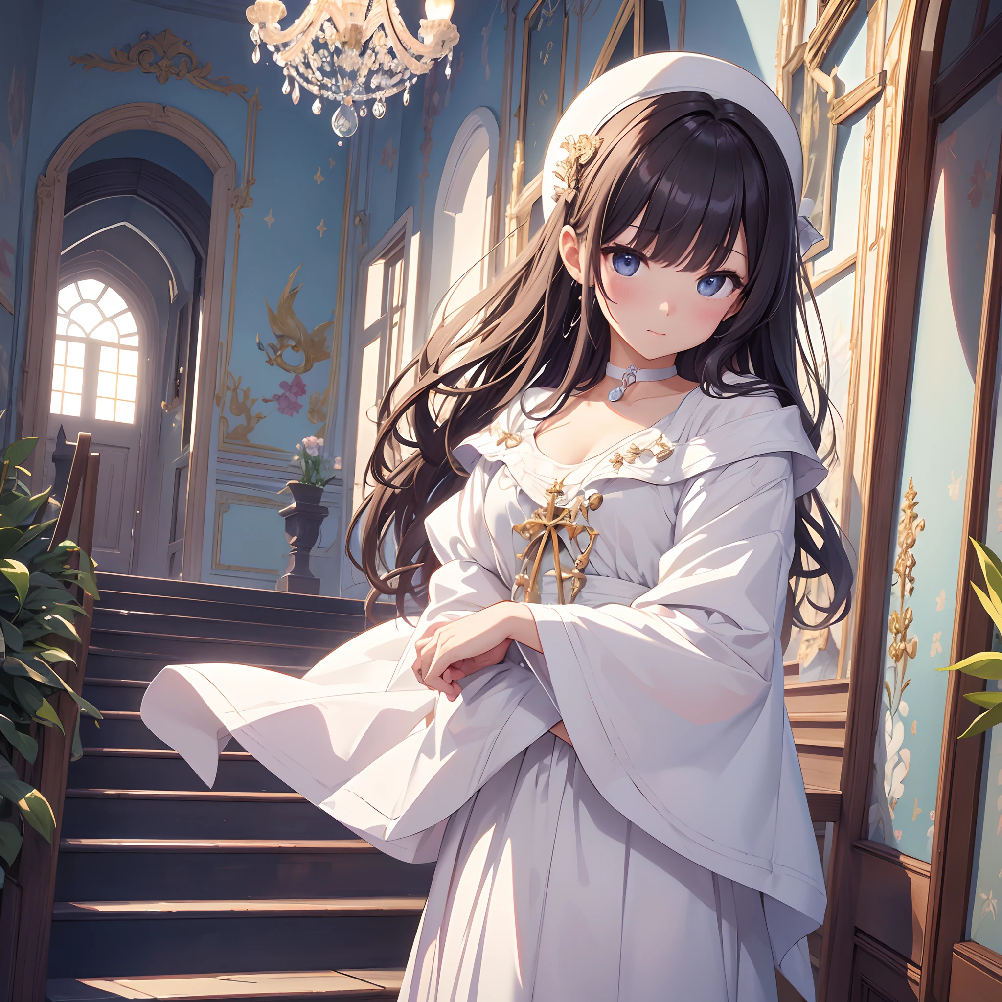 Professional animation quality、masterpiece、hightquality、Saturation coloring、2D、独奏、Kawaii Girl、with round face、Marume、White Palace、Wall with artistic murals、Light air、Darken the surroundings、pleasing face、Cute neck choker in white、Realistic fabric style、Sacred garments、hero、heroes、The brave、、Saint Mansion、Old-fashioned staircase、White chandelier、Shining Image、White Fantasy、House of Paradise、