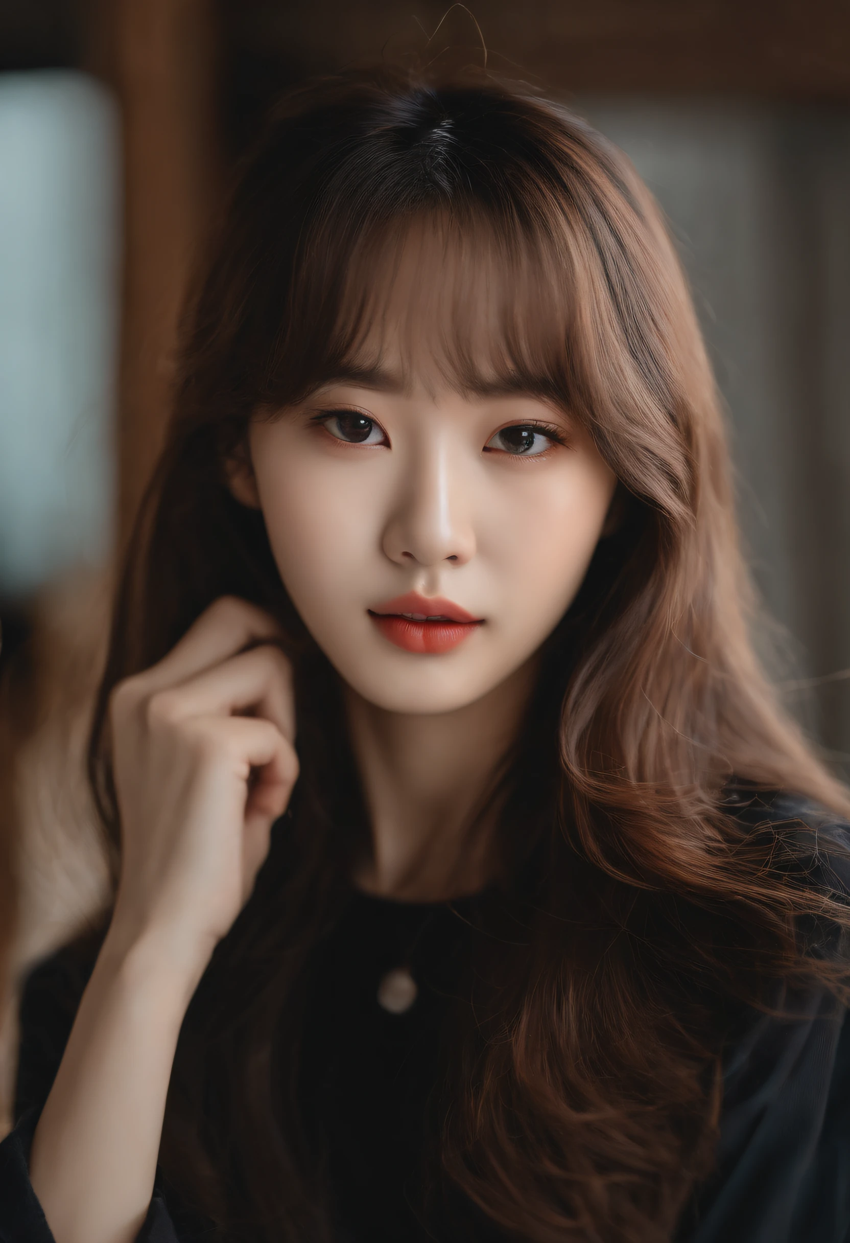 a close up of a woman with long hair wearing a white top, young cute wan asian face, Beautiful young Korean woman, Yoshitomo Nara, tidy hair,By bangs, beautiful Korean women, Gorgeous young Korean woman, lalisa manobal, young lovely Korean faces, girl cute-fine face, beautiful Japanese girl face