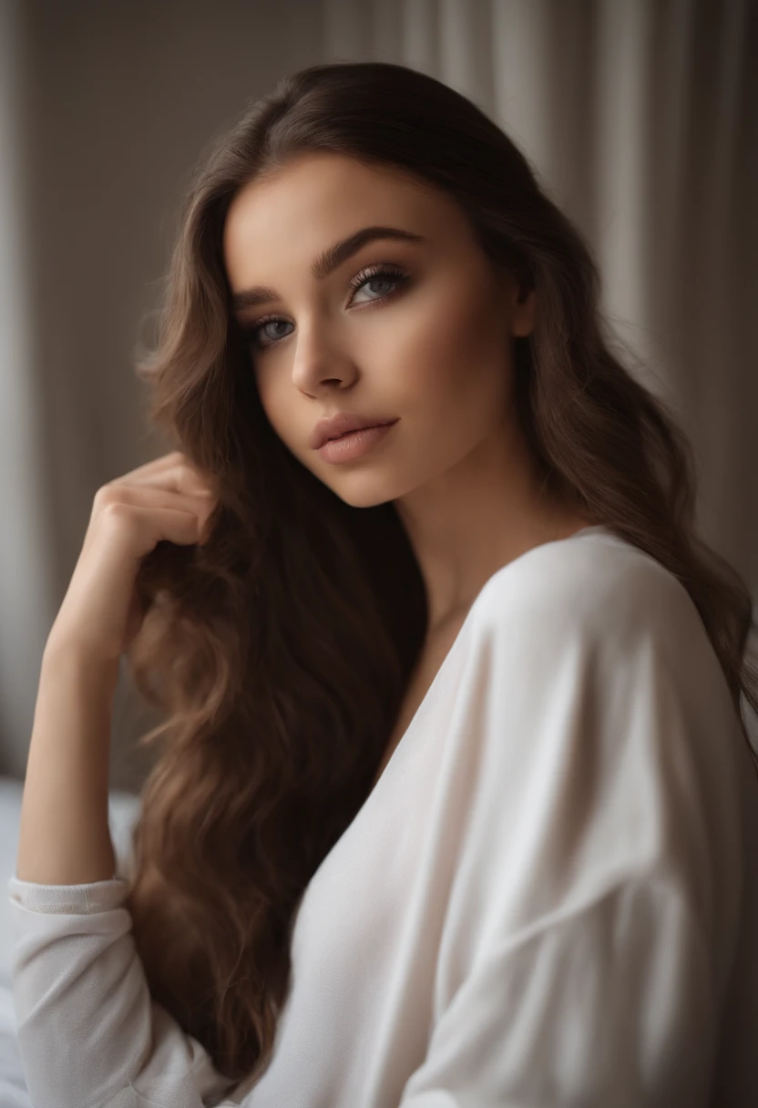 woman with black clothes black pantyhose, fille sexy aux yeux bruns, Portrait Sophie Mudd, cheveux bruns et grands yeux, of a young woman, Yeux de chambre, Violet Myers, sans maquillage, maquillage naturel, looking straight at camera, Visage avec Artgram, Maquillage subtil, Superbe photo du corps entier, dans la chambre, clivage, full body shot standing, 8k HD, big hips
