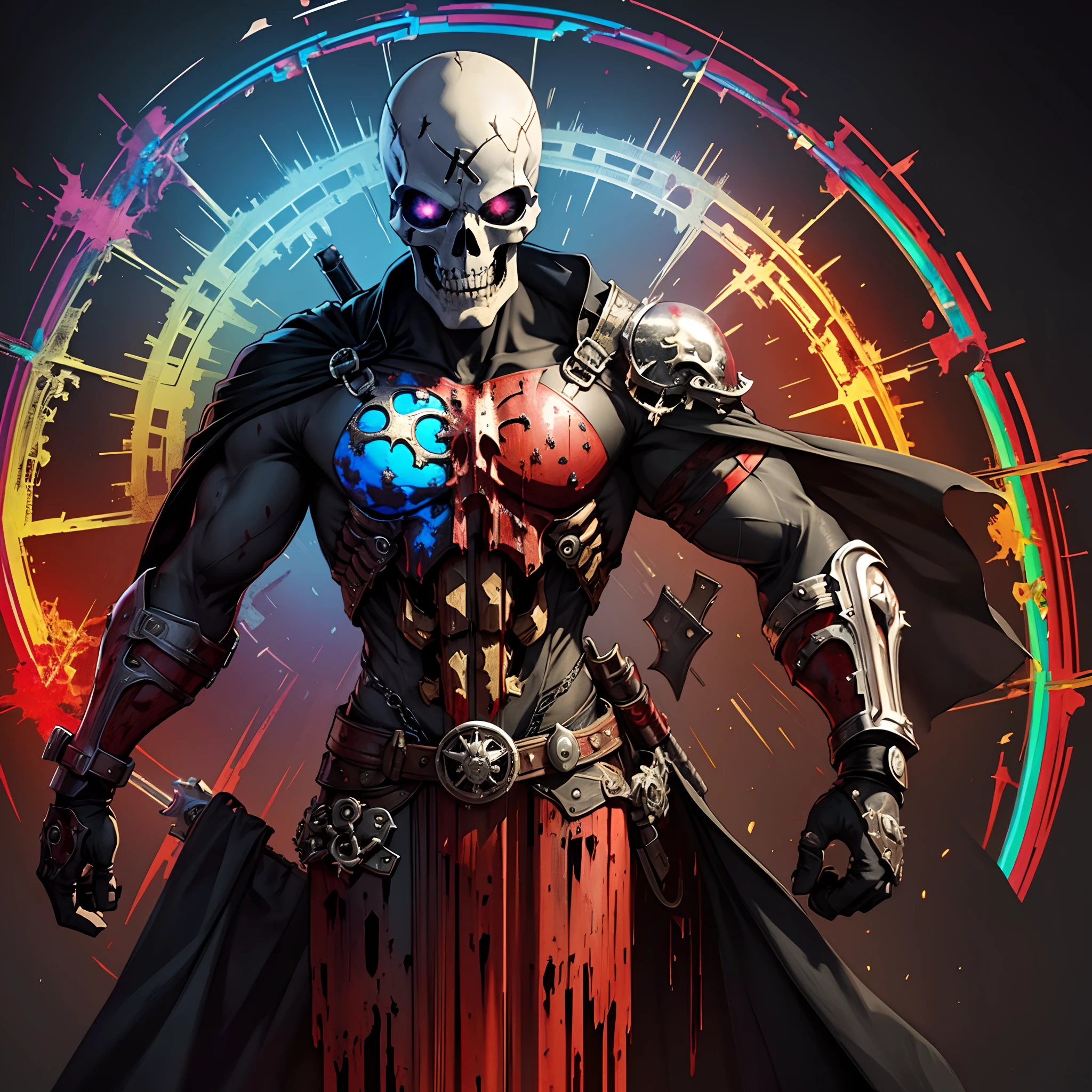 pixel sorted，Superhero skull，(Blood Art:1.2)，Blood-stained battle flags，steampunc，Metal polished skeleton painting of man on black background,Various weapons surround the skull，Form different structures， breath-taking rendering, Magical rainbow elements,Splendid round rainbow combination，circular composition，Solo