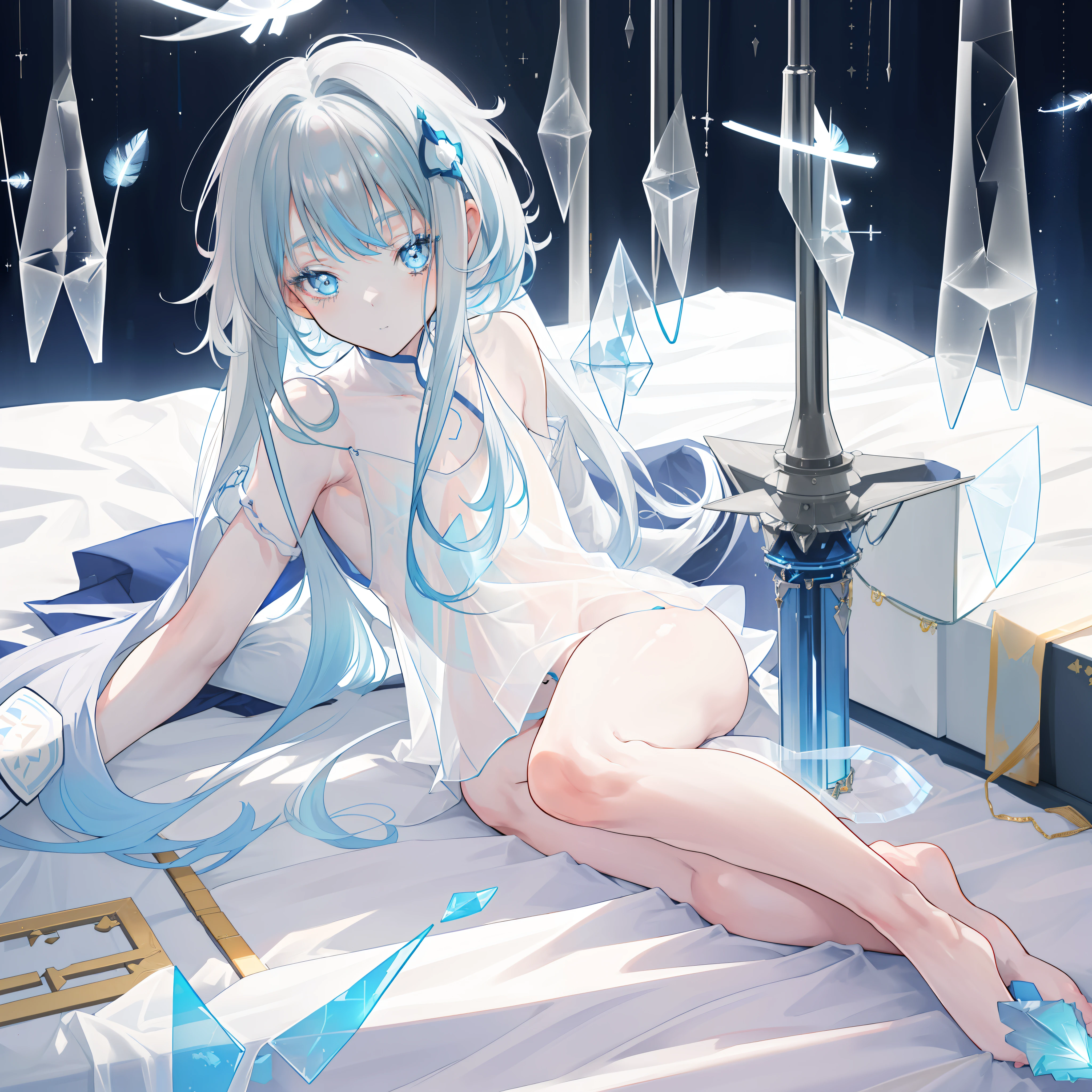 ((A close up)) of anime , (((((laying down calmly in a small bed))))), (mostly naked), ((barefoot)), (cinematic light), skin is perfectly white, soft, and smooth, ((no nsfw)), Extremely delicate and beautiful CG illustration, small thigh, slim body, best quality, high resolution, dynamic angle, full-length lens, (((1 girl))), (detailed eyes), soft light, high-key lighting), glowing light, feathers fluttering background, blue crystal, ((blue glowing ring around her ankle)), (((wearing (only) a white (transparent) tank top)))