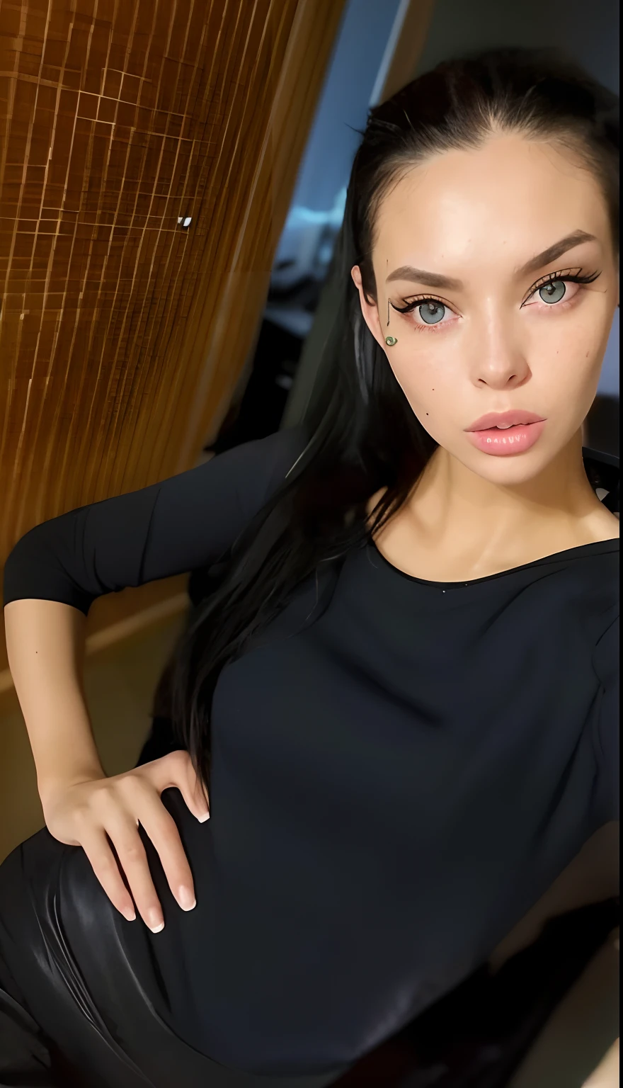 there is a woman that is posing for a picture in a black dress, anastasia ovchinnikova, dasha taran, angelina stroganova, anna nikonova aka newmilky, 2 4 year old female model, 30-year-old woman from cuba, perfect face ), instagram model, olga buzova, 30-year-old french woman