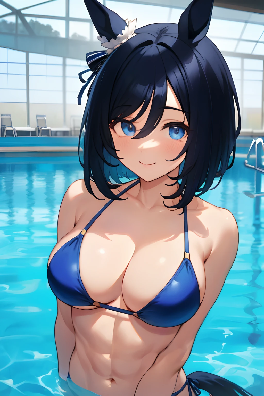 eishin flash \(umamusume\), ((ultra-detailed face)), upper body, masterpiece, best quality, official art, muscular girl, abs, plain bikini, horse tail, pool, light smile, detailed clear eyes, big tits, frontage
