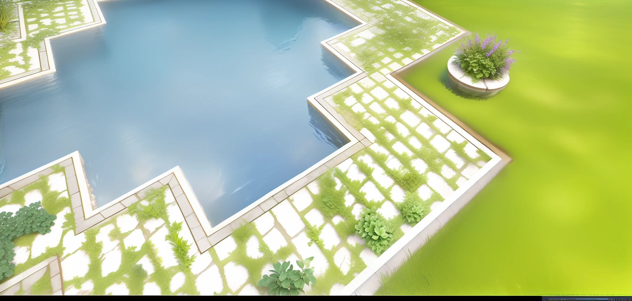there is a small pool in the middle of a garden, many plants and infinite pool, photorealistic screenshot, realistic garden, realistic water, highdetailed, high resolution and detail, very detailed render, rendered in unity 3 d, rendered in unreal engine 3d, highly detailed texture render, rendered on unreal 3 d, an ambient occlusion render, hyper detailed scene