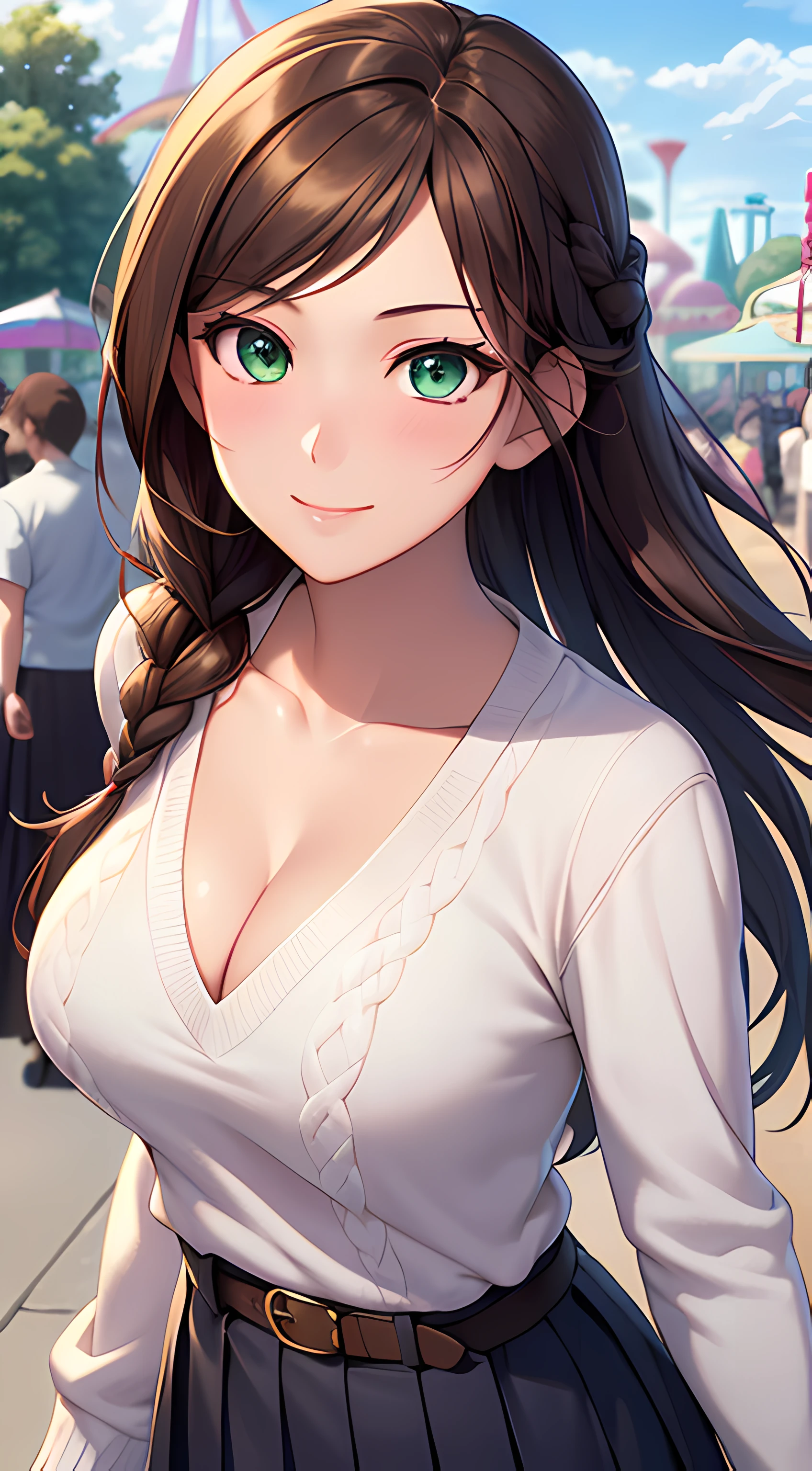 ((masterpiece, best quality, highres, UHD, perfect pixel, depth of field, 4k, RTX, HDR, extremely detailed)), 1girl, single, solo, 24 years old, mommy, beautiful anime girl, beautiful art style, anime character, smile, beautiful smile, ((long hair, braided half up half down, brown hair)), (green eyes:1.4, rounded eyes, beautiful eyelashes, realistic eyes, extremely detailed pupil), (detailed face, blushing:1.2), (smooth texture:0.75, realistic texture:0.65, photorealistic:1.2, cinematic, anime CG style), medium breasts, cleavage, perfect body, busty, POV, dynamic angle, from above, ((white sweater, long pleated skirt, belt)), amusement park, outdoor, crowd, wind blows, (graceful, prestigious, glorious, elegant)