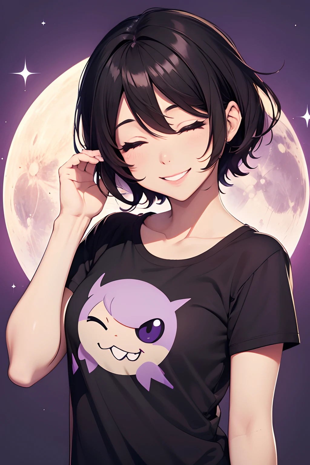 Chica anime, cabello negro, Short hair, feliz, lunar en el pomulo, adolecente, ojos morados, smiling, purple t shirt, closed eyes,