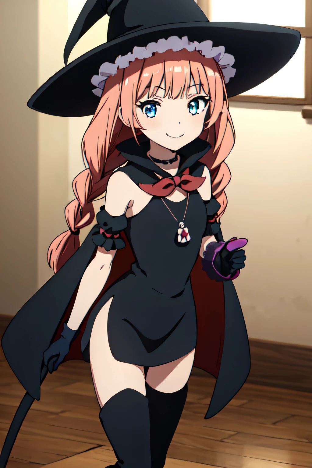 TOPSPD, TWIN BRAIDS, WITCH HAT, NECKLACE, BLACK DRESS, BLACK CAPE, BOW, ELBOW GLOVES, THIGH BOOTS, 1girl, solo, facing viewer, looking at viewer, upper body, smile.