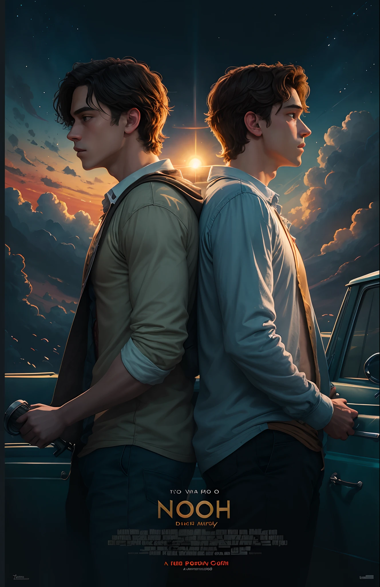 A Disney themed movie poster about two best friends named Noah and Daniel in a grey car