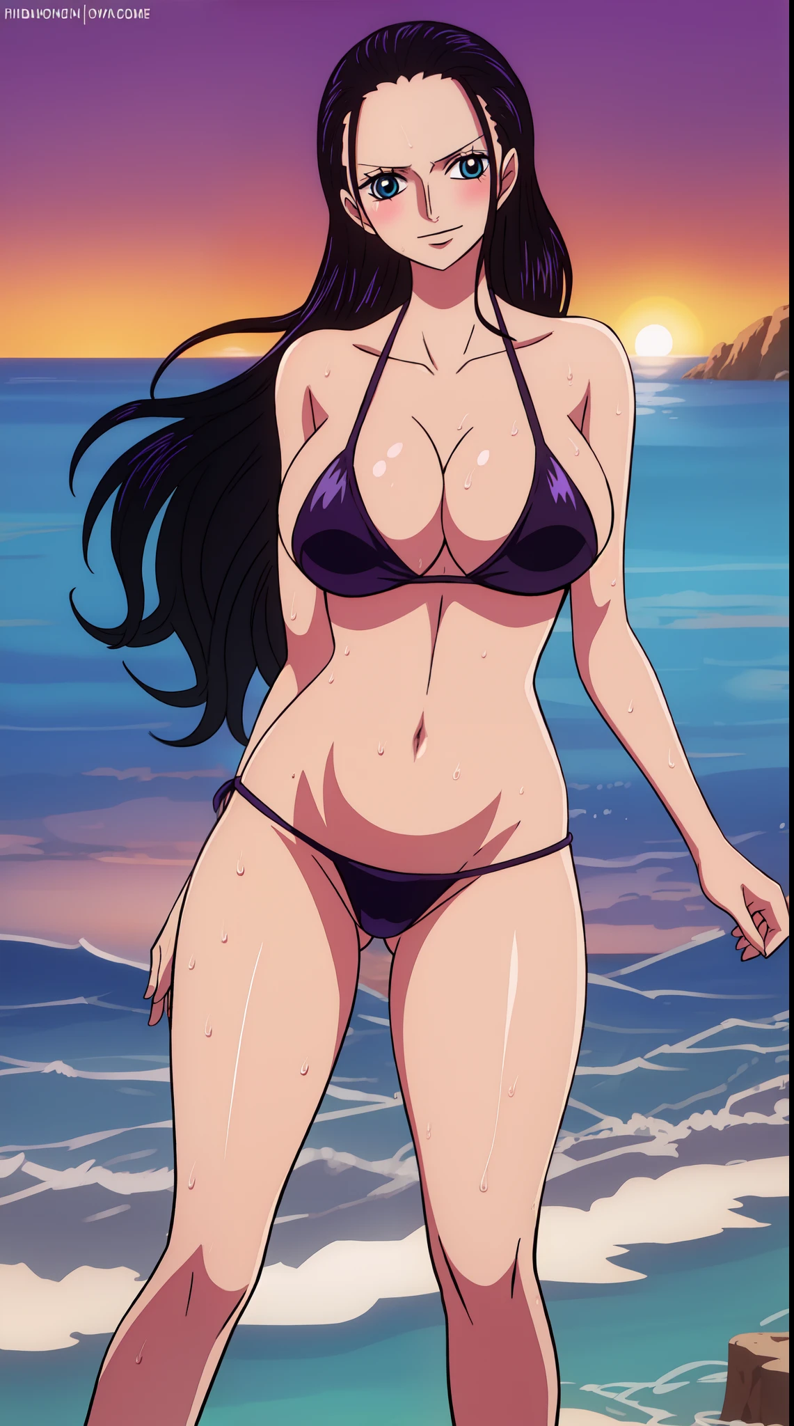 Nico Robin from one piece, black long hair, blue eyes, dark wide pupils, blushing, big breasts, side boobs, wearing thong bikini, standing in the beach, dynamic view, dynamic pose, joyful expression, sunrise, shiny skin, wet body,