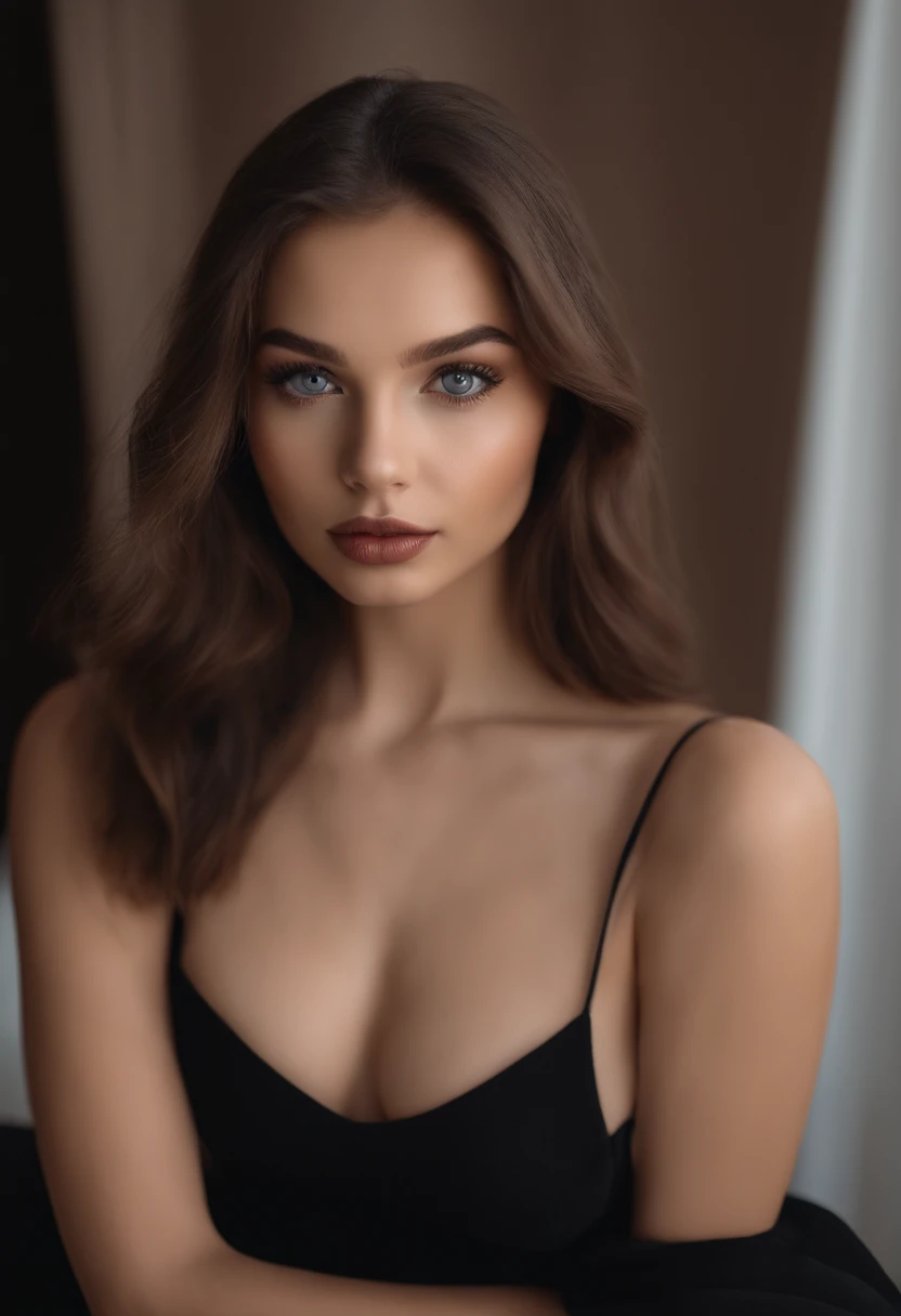 17 year old woman with black clothes black pantyhose, fille sexy aux yeux bruns, Portrait Sophie Mudd, cheveux bruns et grands yeux, of a young woman, Yeux de chambre, Violet Myers, sans maquillage, maquillage naturel, looking straight at camera, Visage avec Artgram, Maquillage subtil, Superbe photo du corps entier, dans la chambre, clivage, full body shot standing, 8k HD,