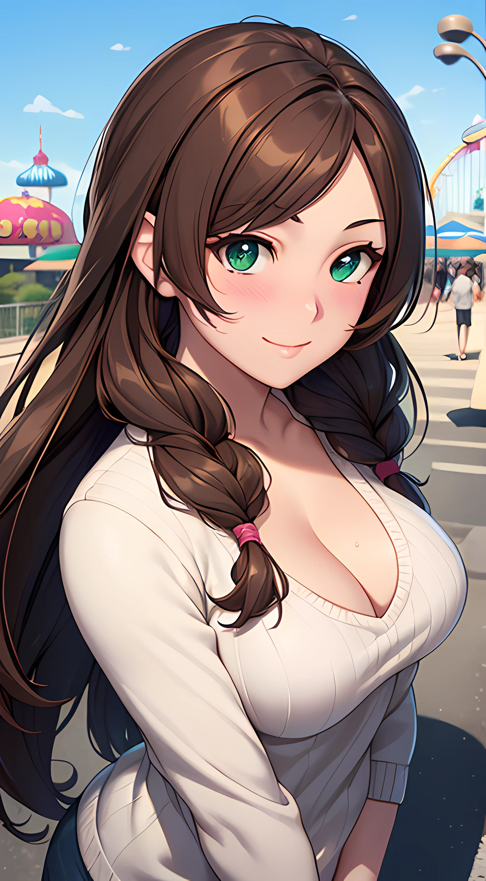 ((masterpiece, best quality, highres, UHD, perfect pixel, depth of field, 4k, RTX, HDR, extremely detailed)), 1girl, single, solo, 24 years old, mommy, beautiful anime girl, beautiful art style, anime character, smile, beautiful smile, ((long hair, braided half up half down, brown hair)), (green eyes:1.4, rounded eyes, beautiful eyelashes, realistic eyes, extremely detailed pupil), (detailed face, blushing:1.2), (smooth texture:0.75, realistic texture:0.65, photorealistic:1.2, cinematic, anime CG style), medium breasts, cleavage, perfect body, busty, POV, dynamic angle, from above, ((white sweater)), amusement park, outdoor, crowd, wind blows, (graceful, prestigious, glorious, elegant)