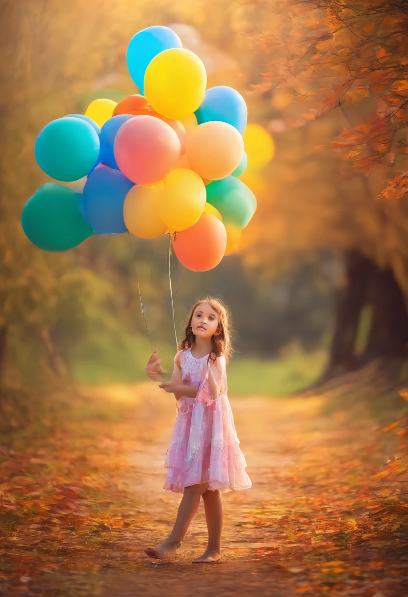 (Contenido) A girl of about 5  playing with a colorful balloon in a sunny park.(Estilos) Photography style inspired by the innocence and happiness of childhood, with a touch of magical realism.(luci) Golden evening light bathing the scene, creando sombras suaves y resaltando los colores del globo.(Colores) El globo debe ser de colores vivos y contrastantes, destacando en el entorno.(compositing) Using a Canon EOS 5D Mark IV camera with a Canon EF 50mm f lens/1.8 STM to capture the astonished expression on the girl's face. Focus on the balloon and the girl, desenfocando ligeramente el fondo del parque.