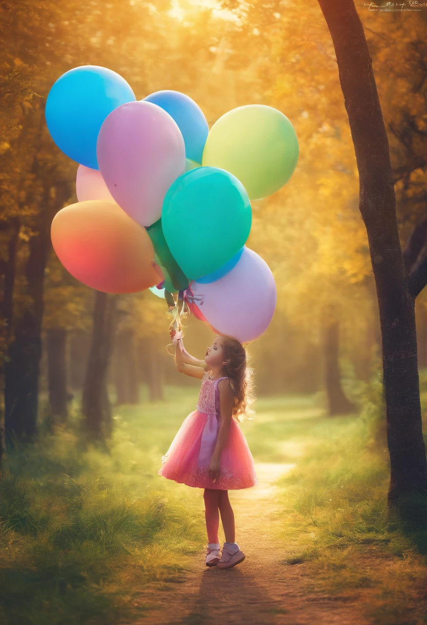 (Contenido) A girl of about 5 playing with a colorful balloon in a sunny park.(Estilos) Photography style inspired by the innocence and happiness of childhood, with a touch of magical realism.(luci) Golden evening light bathing the scene, creando sombras suaves y resaltando los colores del globo.(Colores) El globo debe ser de colores vivos y contrastantes, destacando en el entorno.(compositing) Using a Canon EOS 5D Mark IV camera with a Canon EF 50mm f lens/1.8 STM to capture the astonished expression on the girl's face. Focus on the balloon and the girl, desenfocando ligeramente el fondo del parque.