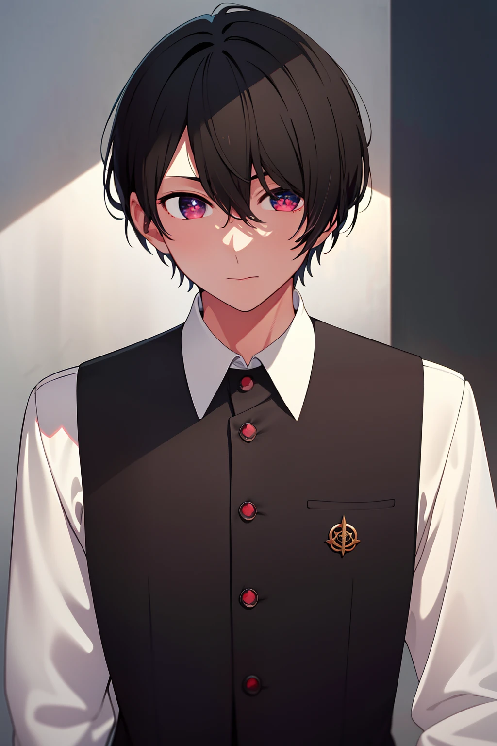 masterpiece, best quality, high quality, 1boy, solo, male focus, looking at viewer, upper body, hoshino_aquamarine, black hair , red eyes symbol-shaped pupils, star \(symbol\),