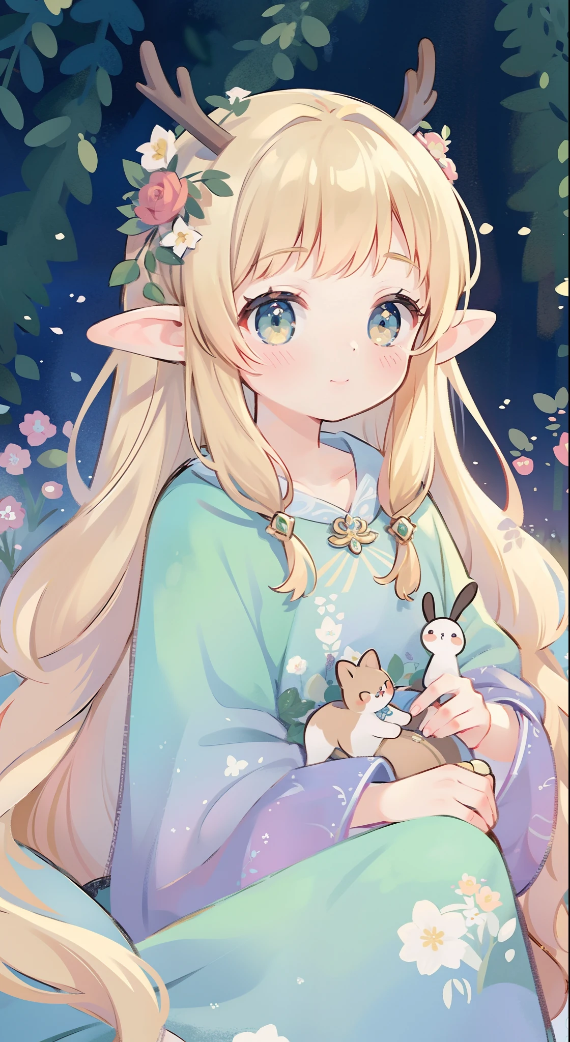 high high quality，masterpiece，Delicate facial features，Delicate hair，Delicate eyes，Delicate hair，animemanga girl，deer antlers，Black color hair，florals, Dreamy style, Fantastic flower garden，fantasy style clothing,Romantic dress,  beautiful and elegant elf queen, a beautiful fantasy empress, Fantasy art style, ((a beautiful fantasy empress)), Anime fantasy illustration, high priestess, fey queen of the summer forest, anime art nouveau, goddess of the forest, portrait of an elf queen, A beautiful artwork illustration，8K high quality detailed art（Delicate facial portrayal）（Fine hair depiction）（highest  quality）（Master masterpieces）（High degree of completion）（a sense of atmosphere）8k wallpaper，tmasterpiece，Best quality at best，ultra - detailed