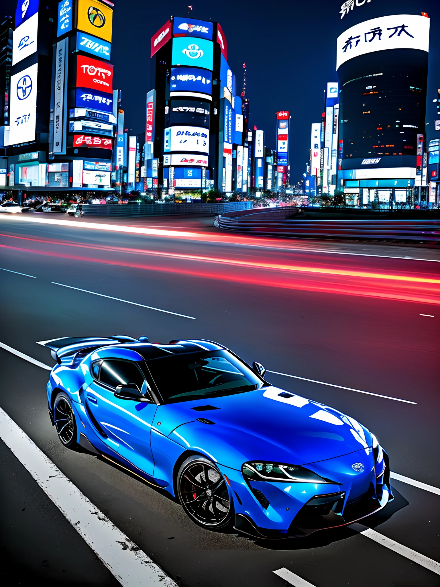 Stanced bright blue Toyota Supra in Tokyo at night 2d
