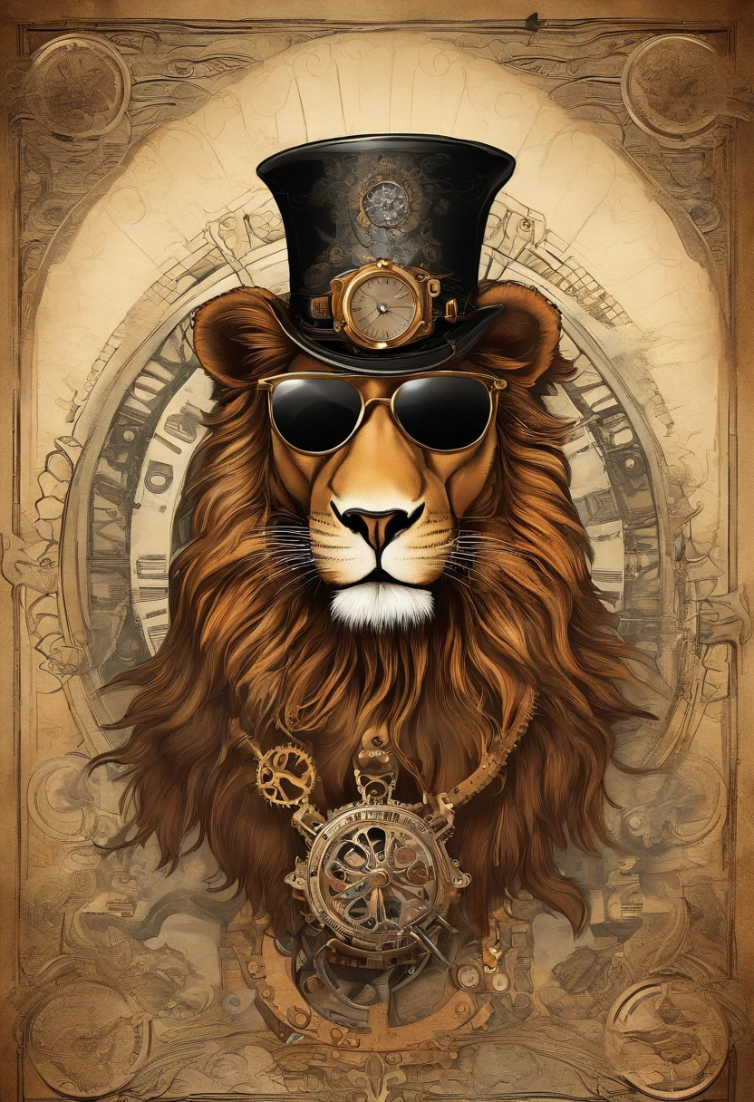 A lion wearing sunglasses and a steam punk top hat