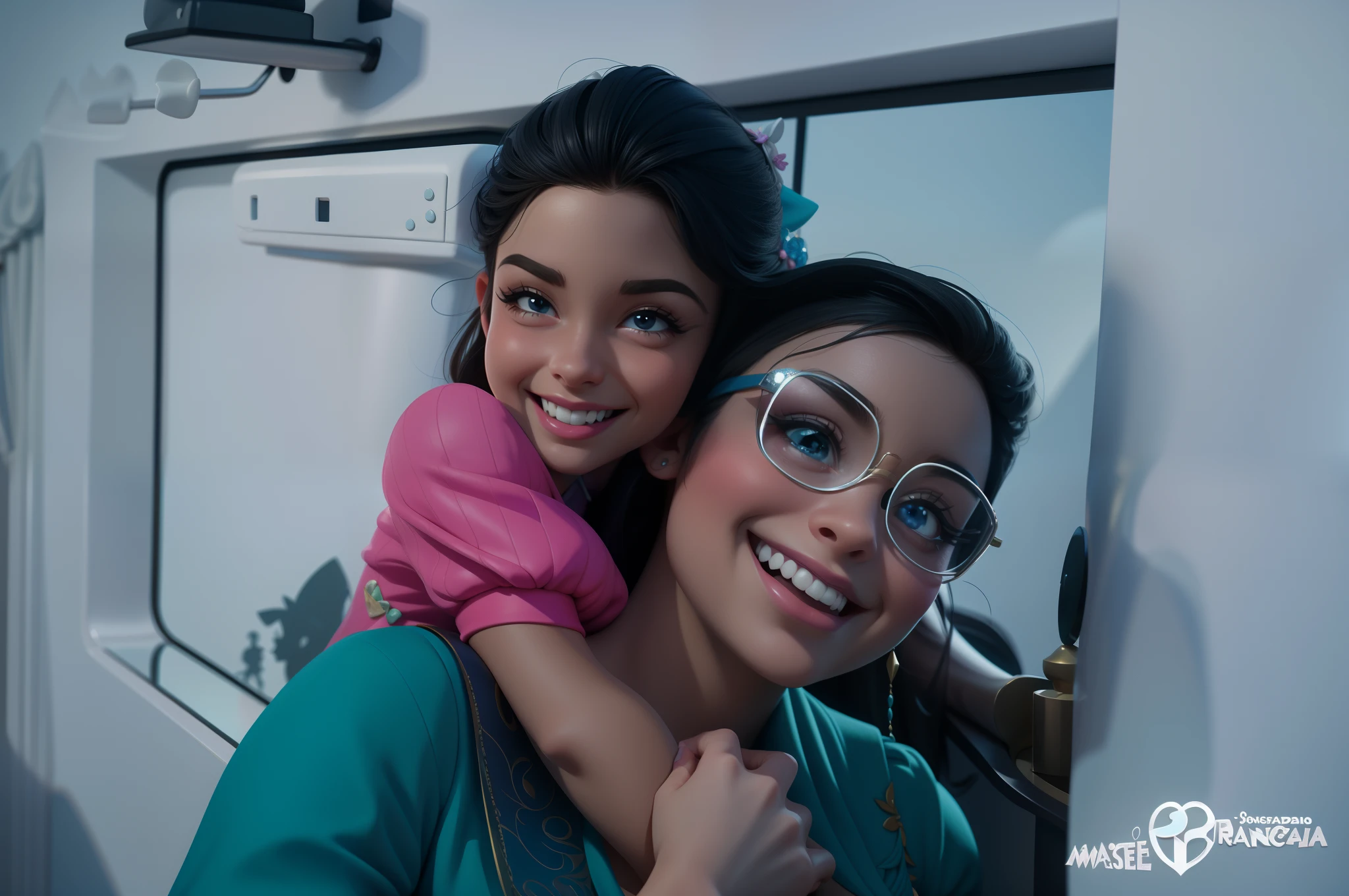 Panoramic view of Disney Castle,Two happy sisters, sorrindo, a menor nas costa da maior, Cartoon, Pixel, 3D, Princesas, castelo e rainha