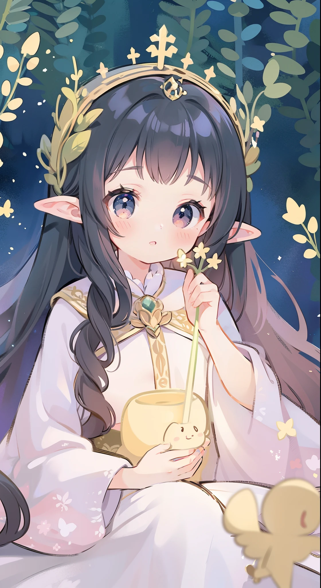 high high quality，masterpiece，Delicate facial features，Delicate hair，Delicate eyes，Delicate hair，animemanga girl，deer antlers，Black color hair，florals, Dreamy style, Fantastic flower garden，fantasy style clothing,Romantic dress,  beautiful and elegant elf queen, a beautiful fantasy empress, Fantasy art style, ((a beautiful fantasy empress)), Anime fantasy illustration, high priestess, fey queen of the summer forest, anime art nouveau, goddess of the forest, portrait of an elf queen, A beautiful artwork illustration，8K high quality detailed art（Delicate facial portrayal）（Fine hair depiction）（highest  quality）（Master masterpieces）（High degree of completion）（a sense of atmosphere）8k wallpaper，tmasterpiece，Best quality at best，ultra - detailed