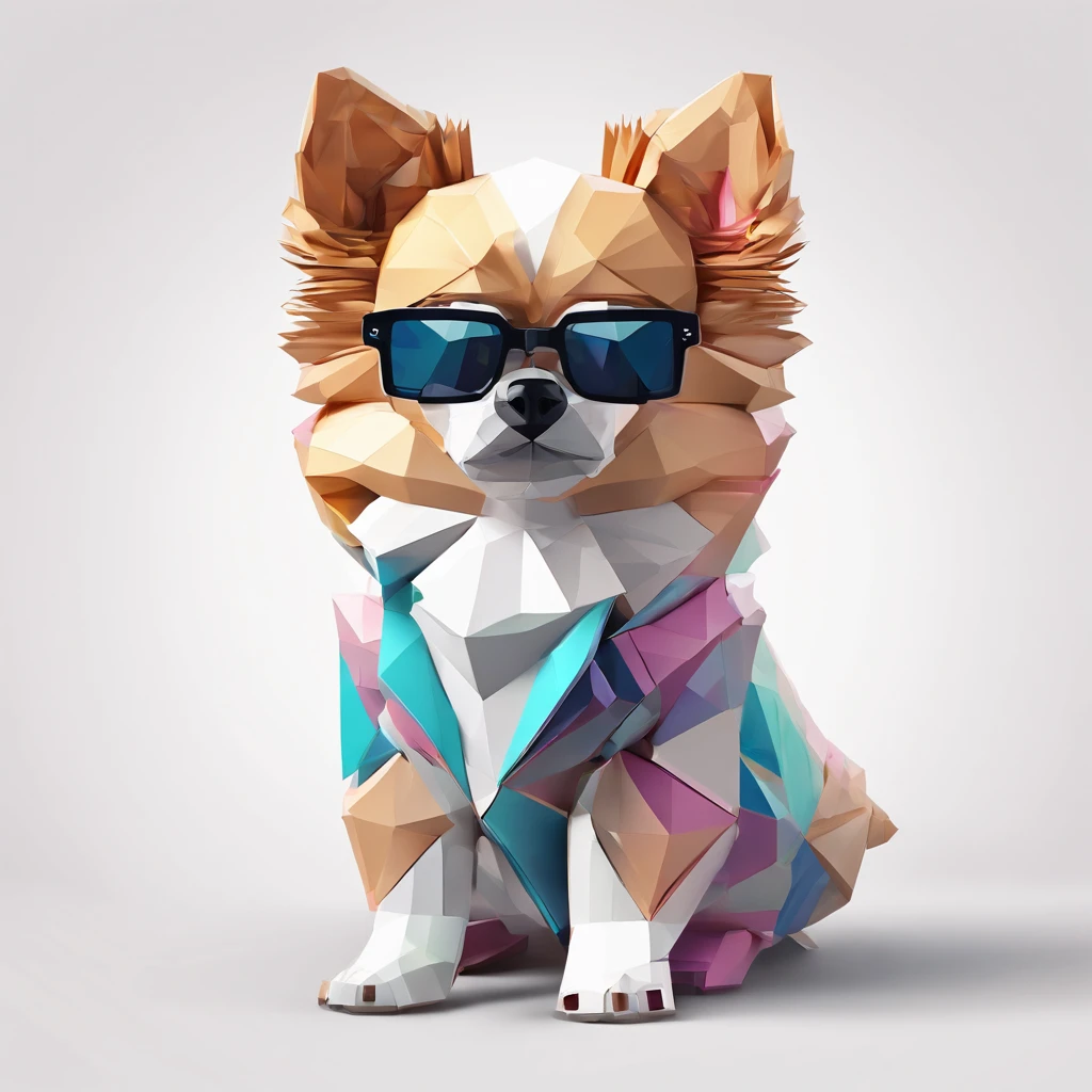 Perfect alignment, Cute little pommeranian dog wearing a jacket，crystal vases，Rose flower, Wearing sunglasses, cheerfulness, Standing position, Abstract beauty, Centered, Looking at the camera, Facing the camera, nearing perfection, Dynamic, Highly detailed, smooth, Sharp focus, 8K, high definition resolution, illustration, Art by Carne Griffiths and Wadim Kashin, White background