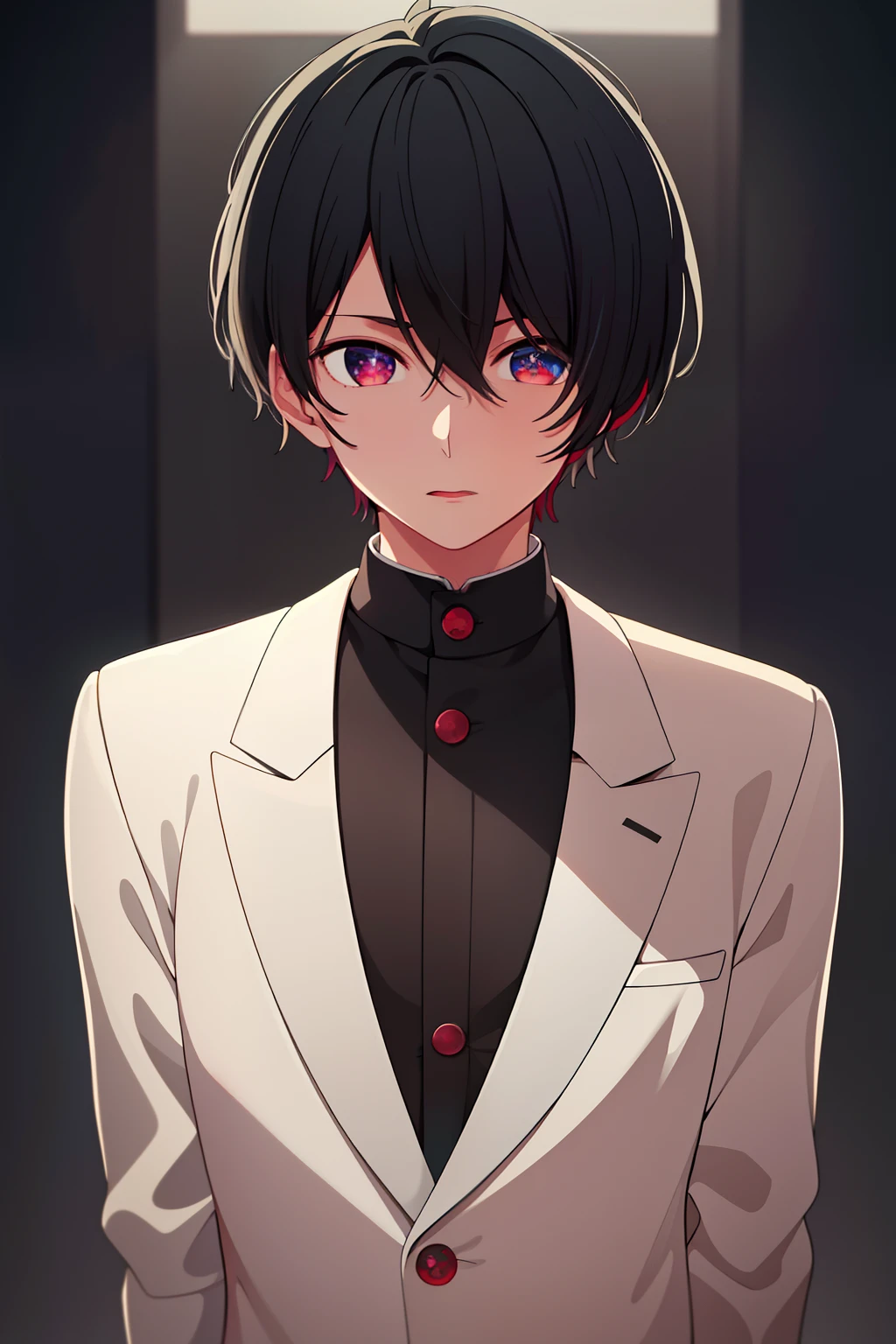 masterpiece, best quality, high quality, 1boy, solo, male focus, looking at viewer, upper body, hoshino_aquamarine, black hair , red eyes symbol-shaped pupils, star \(symbol\),