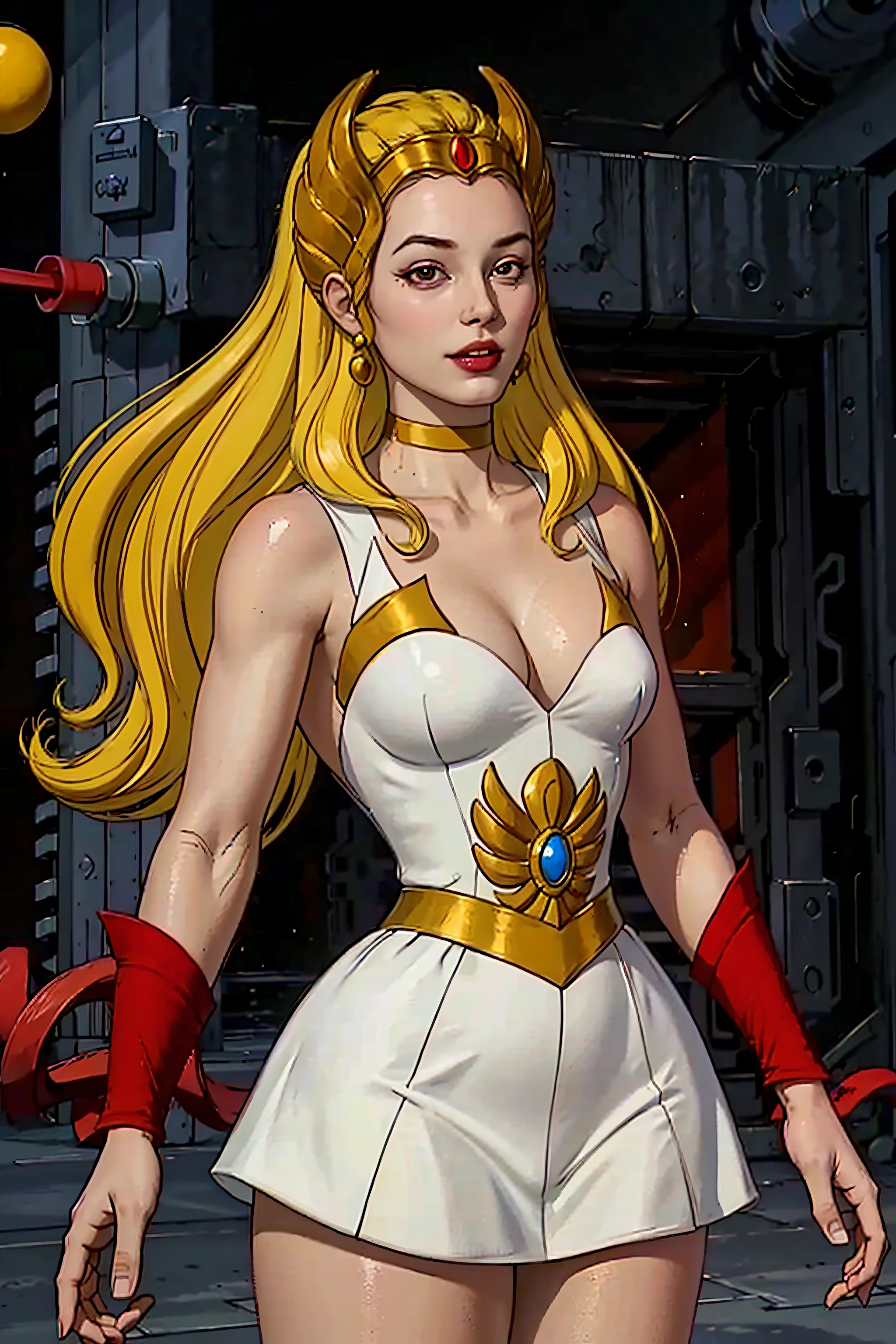 raw photo of a 1girl,
blonde, white dress, choker, she_ra,
Dynamic pose,
smug smile,
tall , (muscular body:1.3), (femenine hands:1.3),
skindentation, narrow waist, thighs, wide hips, half eye close, eyeliner, eyelashes, perfect face, detailed eyes, facial lighting,
looking at viewer (masterpiece, high quality:1.2)