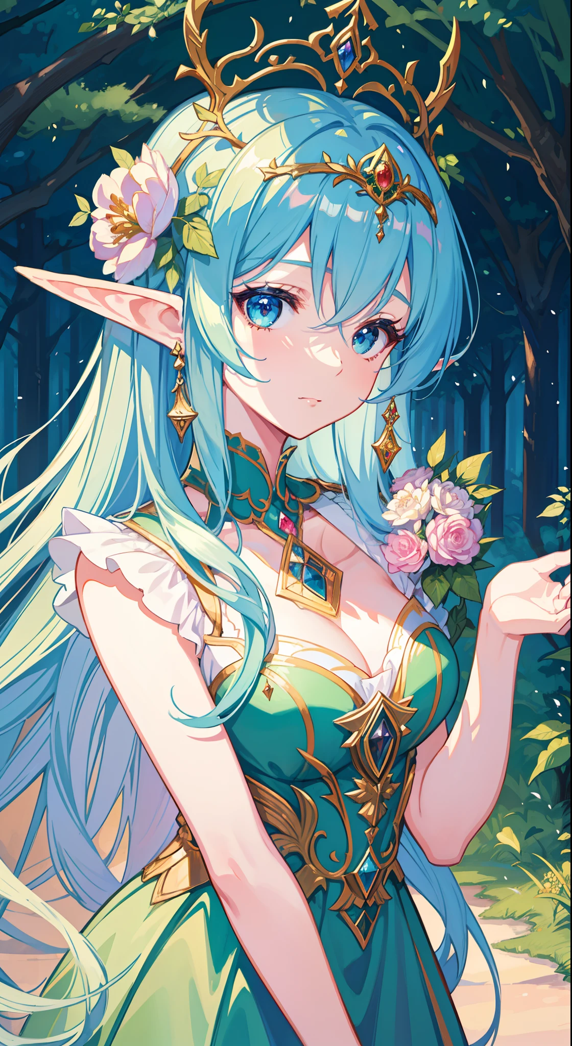 high high quality，masterpiece，Delicate facial features，Delicate hair，Delicate eyes，Delicate hair，animemanga girl，deer antlers，Black color hair，florals, Dreamy style, Fantastic flower garden，fantasy style clothing,Romantic dress,  beautiful and elegant elf queen, a beautiful fantasy empress, Fantasy art style, ((a beautiful fantasy empress)), Anime fantasy illustration, high priestess, fey queen of the summer forest, anime art nouveau, goddess of the forest, portrait of an elf queen, A beautiful artwork illustration，8K high quality detailed art（Delicate facial portrayal）（Fine hair depiction）（highest  quality）（Master masterpieces）（High degree of completion）（a sense of atmosphere）8k wallpaper，tmasterpiece，Best quality at best，ultra - detailed