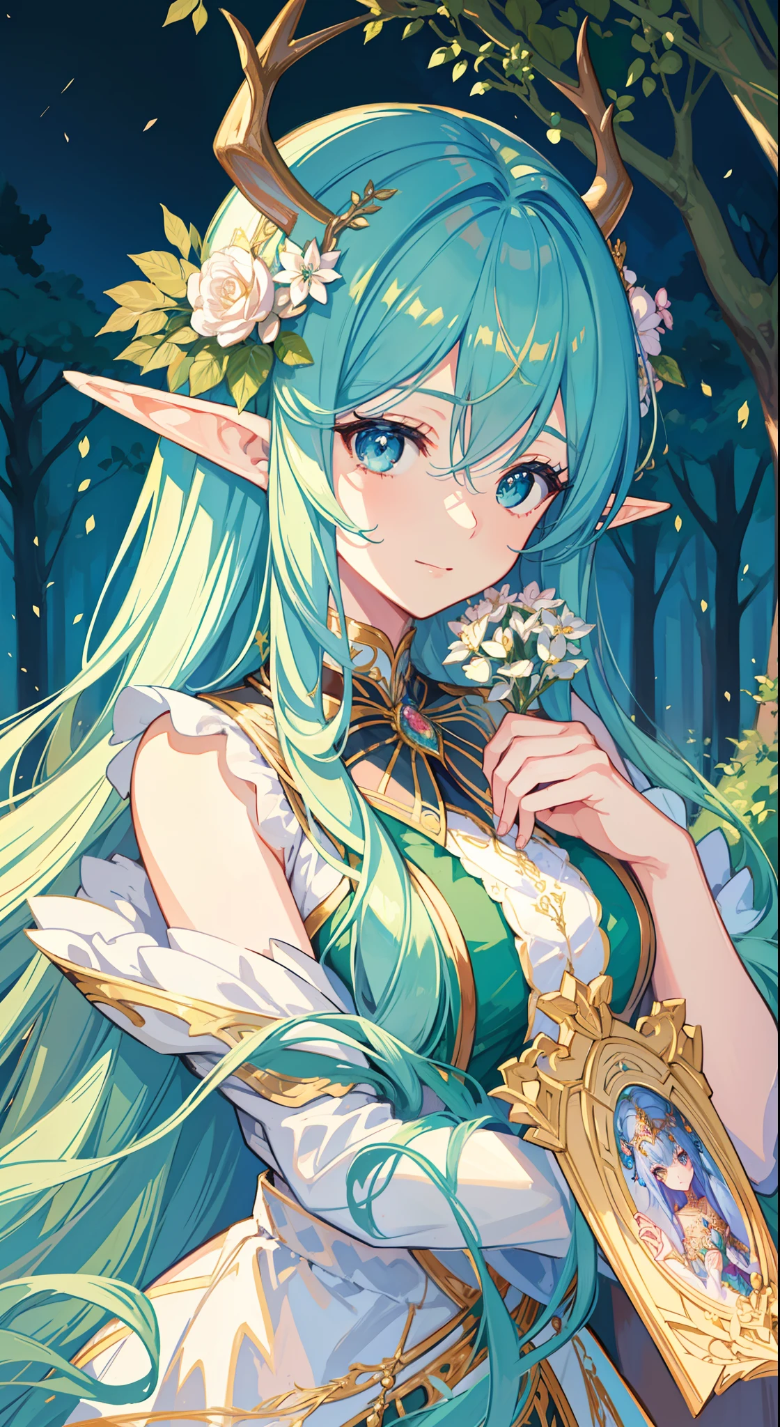 high high quality,masterpiece,Delicate facial features,Delicate hair,Delicate eyes,Delicate hair,animemanga girl,deer antlers,Black color hair,florals, Dreamy style, Fantastic flower garden,fantasy style clothing,Romantic dress, beautiful and elegant elf queen, a beautiful fantasy empress, Fantasy art style, ((a beautiful fantasy empress)), Anime fantasy illustration, high priestess, fey queen of the summer forest, anime art nouveau, goddess of the forest, portrait of an elf queen, A beautiful artwork illustration,8K high quality detailed art(Delicate facial portrayal)(Fine hair depiction)(highest quality)(Master masterpieces)(High degree of completion)(a sense of atmosphere)8k wallpaper,tmasterpiece,Best quality at best,ultra - detailed