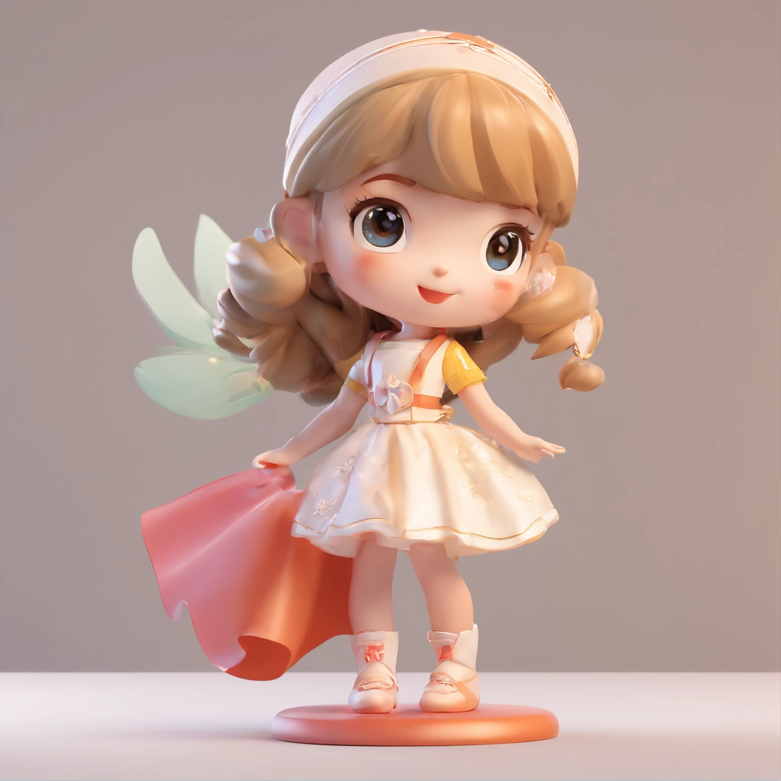 A super cute girl IP by Pop Mart, with bright eyes and a cherub-like appearance, wearing a little white dress. The artwork is made of clay and resembles the models from a blind box toy. The overall look is glossy and delicate, with a clean background that enhances the glossiness of the artwork. The image is rendered in 3D, ensuring the best quality and attention to detail.