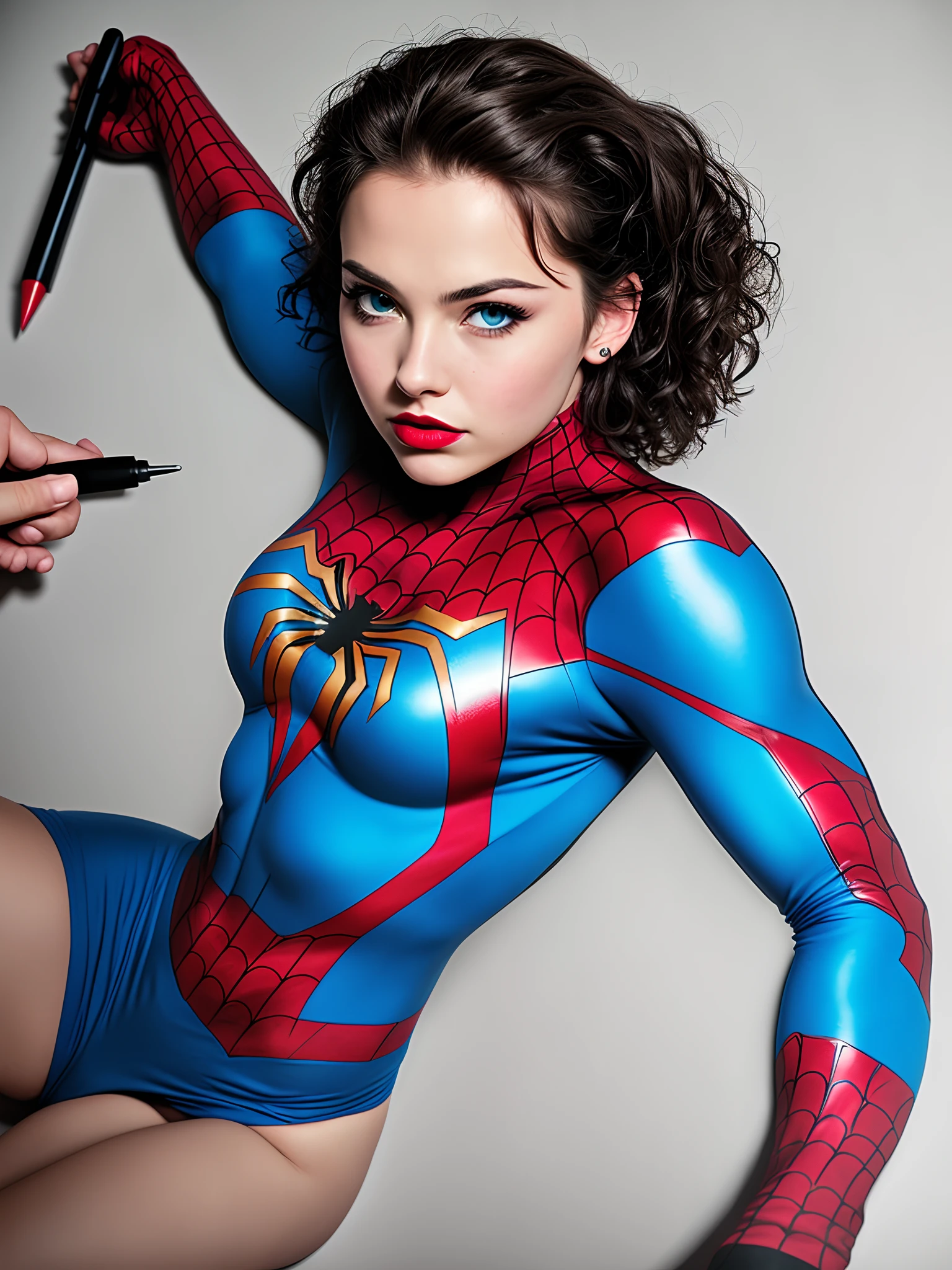 Comic book style drawing of a dark curly haired girl with full lips blue eyes in a tactical spiderman costume