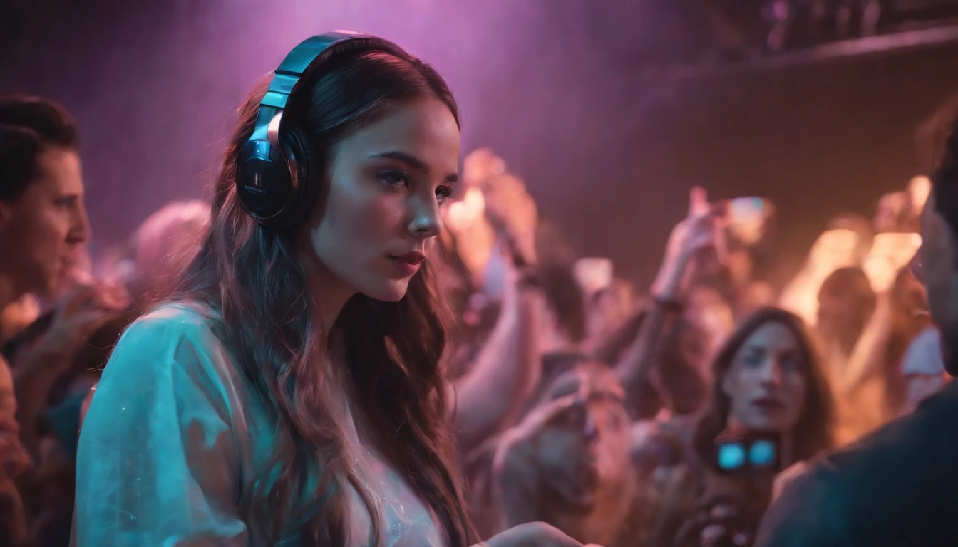 ((masterpiece:1.3)), ((best quality:1.3)), ((ultra_detailed:1.3)), luminous design, pastel colors, ink drips, DJ, close-up shot of upper body, observing the crowd, In this mesmerizing visual composition, a woman takes center stage, surrounded by a luminous design that radiates with vibrant pastel colors. The design seems to come alive, with ink drips cascading down, adding an ethereal touch to the scene. The woman, a DJ, is captured in a close-up shot of her upper body, standing behind the decks. Her gaze is fixed upon the crowd, observing their every move. The intensity in her eyes reflects her deep connection with the music and the energy of the crowd. The composition is meticulously detailed, with every intricate pattern and color gradient of the luminous design rendered with precision. The pastel colors create a dreamlike atmosphere, enhancing the enchanting aura of the scene. The ink drips add a touch of unpredictability and creativity, symbolizing the fluidity and artistry of the DJ's craft. As the DJ observes the crowd, the energy in the room is palpable. The crowd is a blur of movement, with hands raised and bodies swaying to the rhythm. The DJ's presence is magnetic, guiding the energy of the room with her music selection and skillful mixing. This composition is a true masterpiece, capturing the fusion of music and visual art in a captivating and immersive way. It celebrates the creativity and passion of DJs, while inviting viewers to be part of the electrifying atmosphere of a live performance.