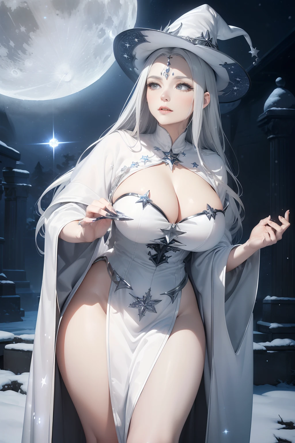 ((masterpiece, best quality, ultra-detailed, ultra-HD, photorealistic, cinematic)), (close-up camera shot:1.2), (sensual pose, twerking), (alluring and voluptuous female witch), perfect anatomy, perfect face, large cleavage, proportioned hands, (snow-white, waist-length straight hair with a celestial, silvery glow:1.3), (a regal, white and silver witch robe with moon and star motifs:1.4), (a silver witch hat), (dynamic background)