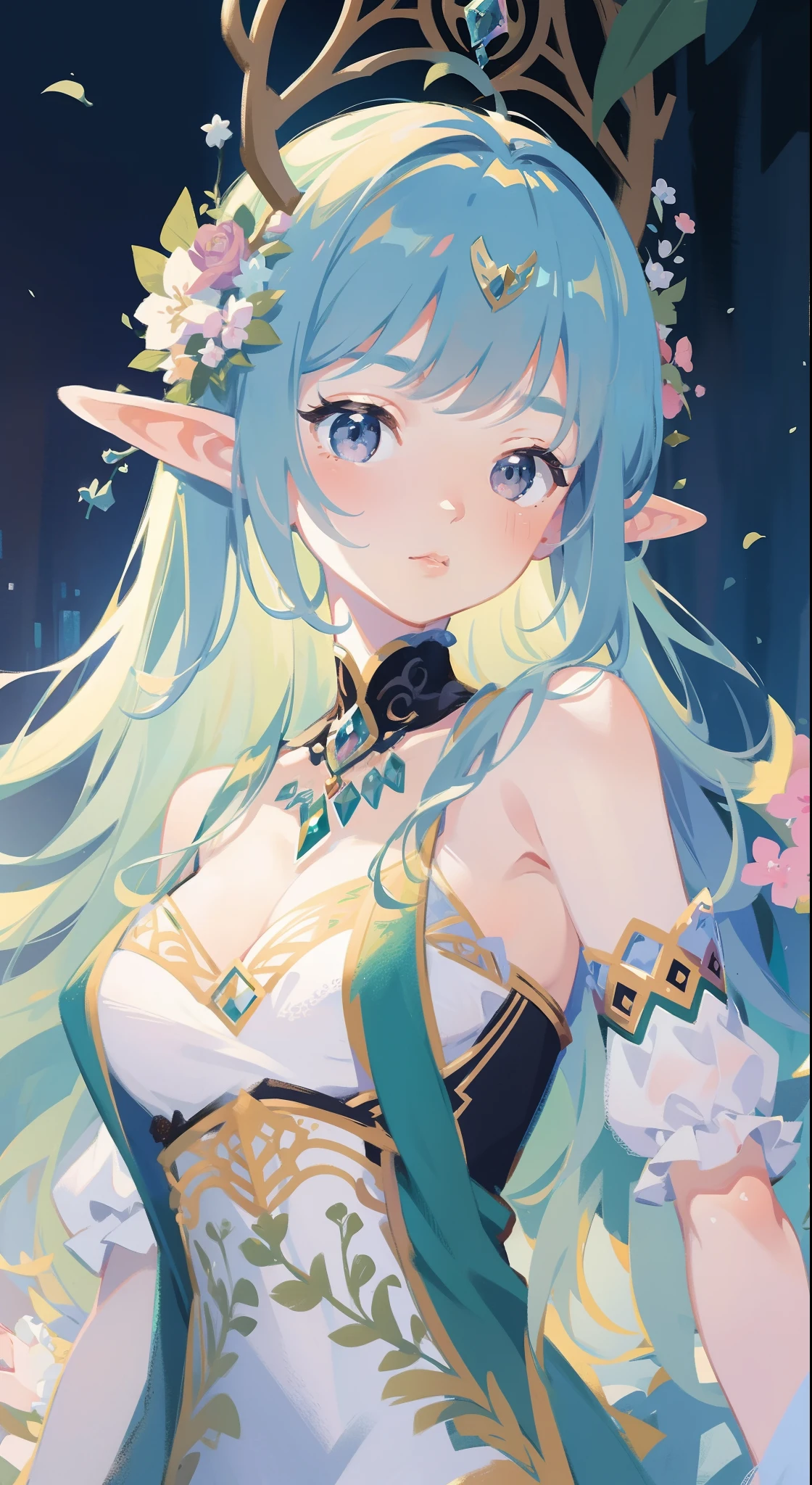 high high quality,masterpiece,Delicate facial features,Delicate hair,Delicate eyes,Delicate hair,animemanga girl,deer antlers,Black color hair,florals, Dreamy style, Fantastic flower garden,fantasy style clothing,Romantic dress, beautiful and elegant elf queen, a beautiful fantasy empress, Fantasy art style, ((a beautiful fantasy empress)), Anime fantasy illustration, high priestess, fey queen of the summer forest, anime art nouveau, goddess of the forest, portrait of an elf queen, A beautiful artwork illustration,8K high quality detailed art(Delicate facial portrayal)(Fine hair depiction)(highest quality)(Master masterpieces)(High degree of completion)(a sense of atmosphere)8k wallpaper,tmasterpiece,Best quality at best,ultra - detailed