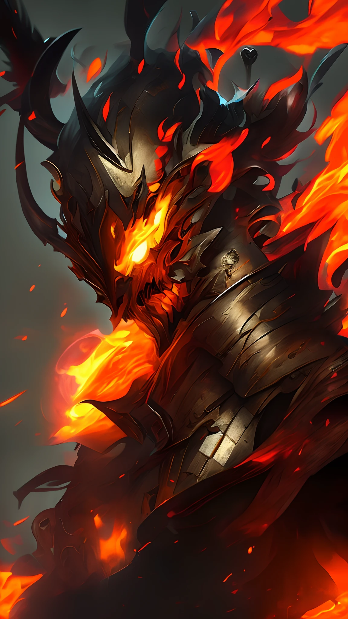 Epic fantasy art style, painted in the style arcane, Anime art wallpaper 4 K, Anime art wallpaper 4k, league of legend, Epic fantasy digital art style, Skeleton Demon,high render,Spit out orange-red flames from the mouth,Wrapped in a powerful set of armor. The metal plate is decorated with an intricate design,Reminiscent of a flickering flame licked on the surface.