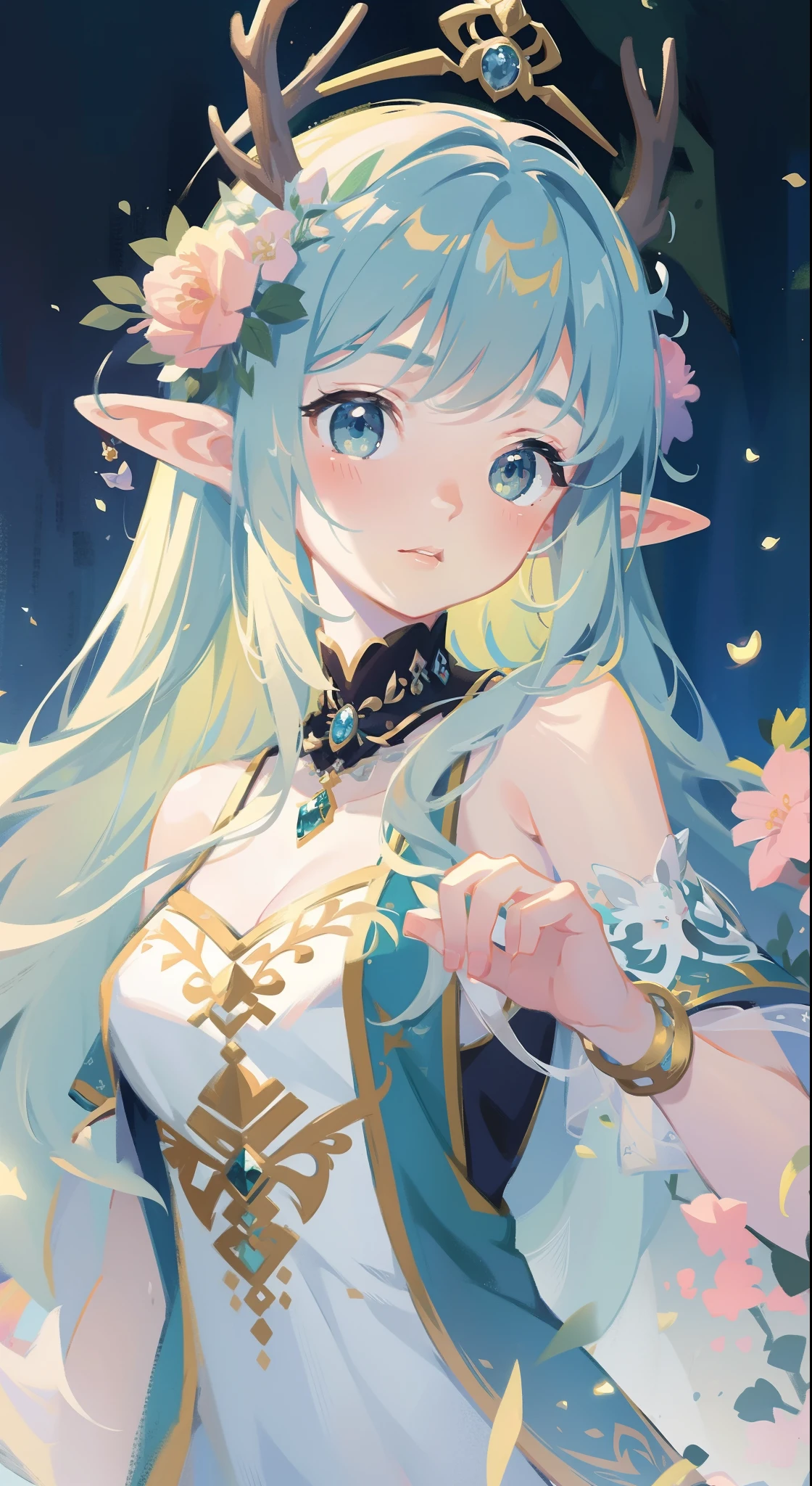 high high quality，masterpiece，Delicate facial features，Delicate hair，Delicate eyes，Delicate hair，animemanga girl，deer antlers，Black color hair，florals, Dreamy style, Fantastic flower garden，fantasy style clothing,Romantic dress,  beautiful and elegant elf queen, a beautiful fantasy empress, Fantasy art style, ((a beautiful fantasy empress)), Anime fantasy illustration, high priestess, fey queen of the summer forest, anime art nouveau, goddess of the forest, portrait of an elf queen, A beautiful artwork illustration，8K high quality detailed art（Delicate facial portrayal）（Fine hair depiction）（highest  quality）（Master masterpieces）（High degree of completion）（a sense of atmosphere）8k wallpaper，tmasterpiece，Best quality at best，ultra - detailed