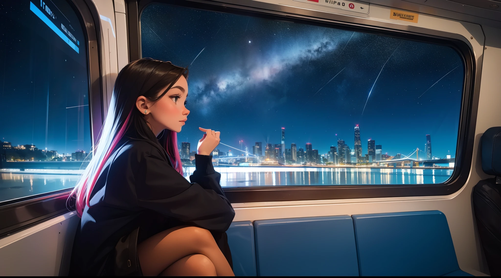 train, sitting by the window, pose pensives, Look at the stars, Head glued to the glass, Landscape passing by at high speed, voyage de nuit, Beautiful Starry Sky, Une belle fille avec, UHD Portrait, (High quality) (ultra details) Regarder le spectateur en tenue de ville de style hip-hop; different, colourfull, colored long hair 🌈