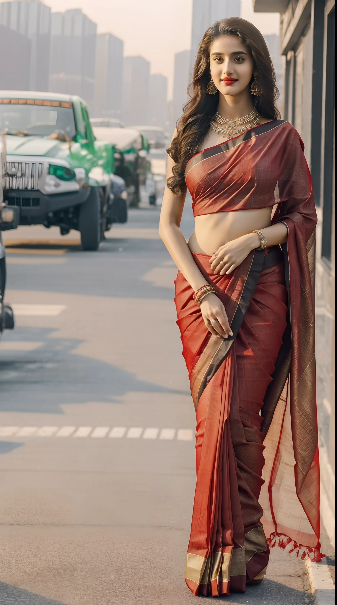 (full body shot:1.5), (Masterpiece:1.1), 1girl, solo girl, 18 year old girl, ultra realistic face, hyperrealistic, hyperdetailed, (wide angle pose standing position:0.5), (inspired by disha patani), sharpen, detailed face, detailed eyes, detailed lips, red lips, beautiful face, 16k, FHD, raw photo, cute face mesh, pretty face mesh, girl in luxury office, beautiful hair style, (Indian traditional saree and blouse, flared saree, traditional net saree, traditional saree with pleated), intricate, extremely detailed, scattering surface, ultra realistic textures, realistic face, red lip, glow face, perfect figure, beautiful curved body, fit body, (fancy high heel), tied hair, fancy hair ornament, standing on street road, croud people background, people in Indian outfits.,
