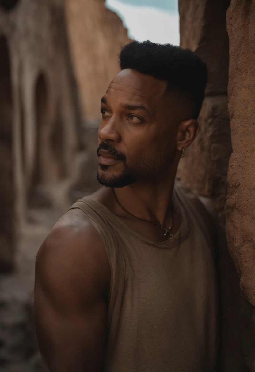 Foto RAW, um retrato do Will Smith, aproximado de um homem brutal de 45 anos em roupas de desertor, corte de cabelo longo, pale skinned, corpo esguio, background of city ruins (pele altamente detalhada: 1.2), 8k uhd, dslr, soft-lighting, alta qualidade, grain of film, Fujifilm XT3