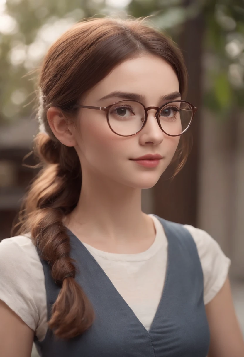 cartoon girl style full body ,Brown hair with a ponytail , Wear glasses, Different angles, Character sheets